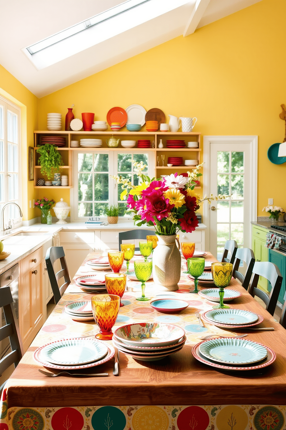 A vibrant summer kitchen setting featuring a large wooden dining table adorned with a colorful tablecloth. The table is set with an array of mismatched plates, vibrant glassware, and fresh flowers in a rustic vase, creating a lively atmosphere for gatherings. The kitchen walls are painted in a cheerful yellow hue, complemented by open shelves displaying colorful dishware and summer-themed decor. Sunlight streams in through large windows, illuminating the space and enhancing the inviting ambiance for entertaining guests.