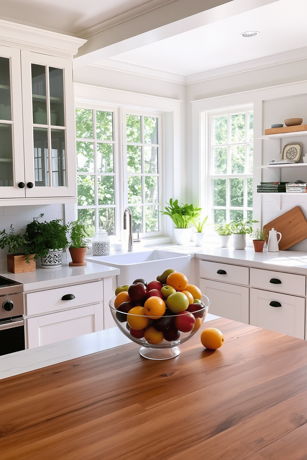 A bright and airy summer kitchen adorned with fresh white cabinetry and open shelving. The centerpiece is a vibrant fruit bowl filled with colorful seasonal fruits, adding a pop of color to the space. Natural light floods in through large windows, highlighting the sleek marble countertops and rustic wooden dining table. Potted herbs line the windowsill, enhancing the inviting atmosphere with their fresh greenery.