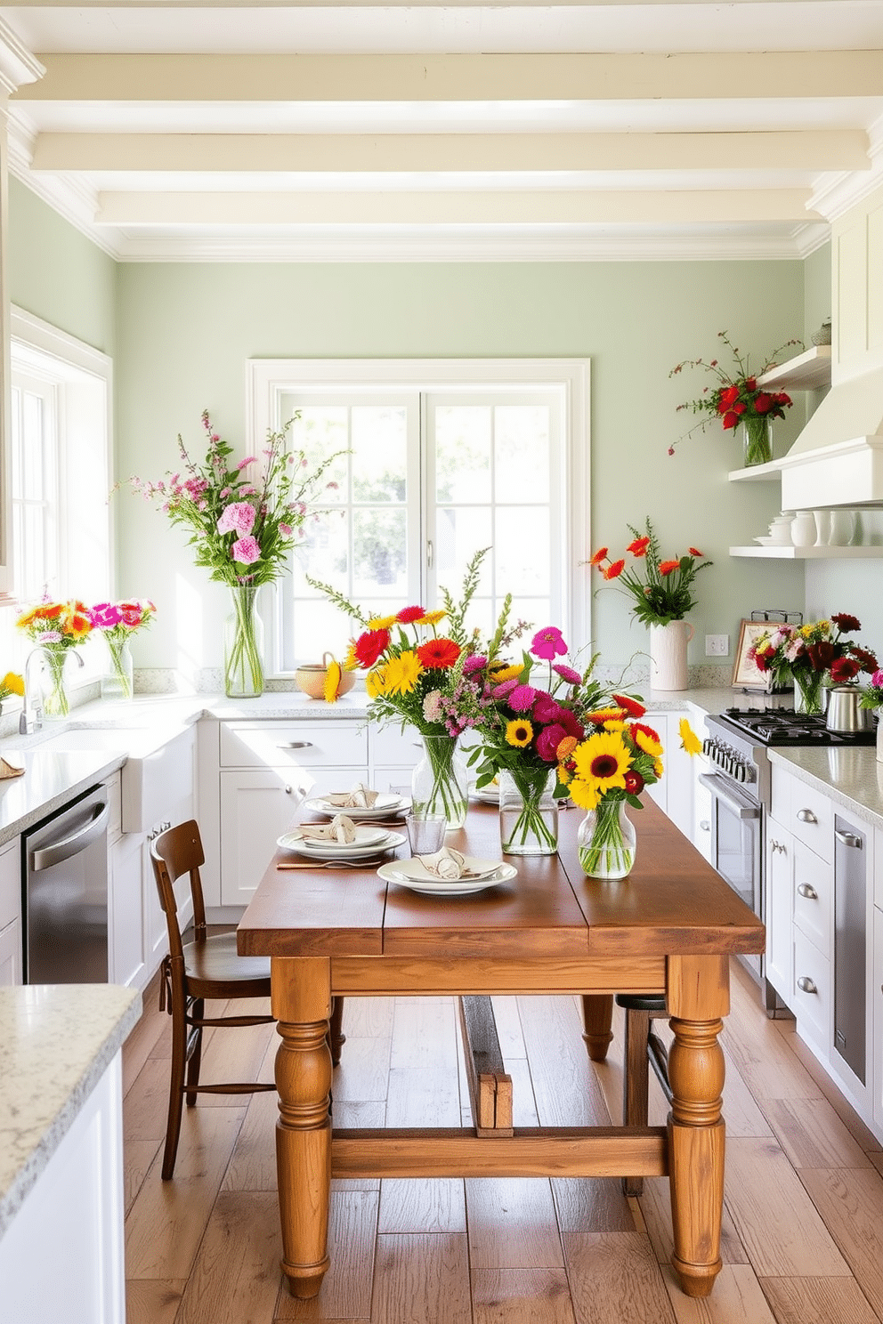 A bright and airy kitchen filled with natural light. The countertops are adorned with vibrant seasonal floral arrangements in various vases, adding a touch of color and freshness. The walls are painted in a soft pastel hue, complementing the lively flowers. A rustic wooden table in the center is set with summer-themed dinnerware, inviting gatherings and meals with family and friends.