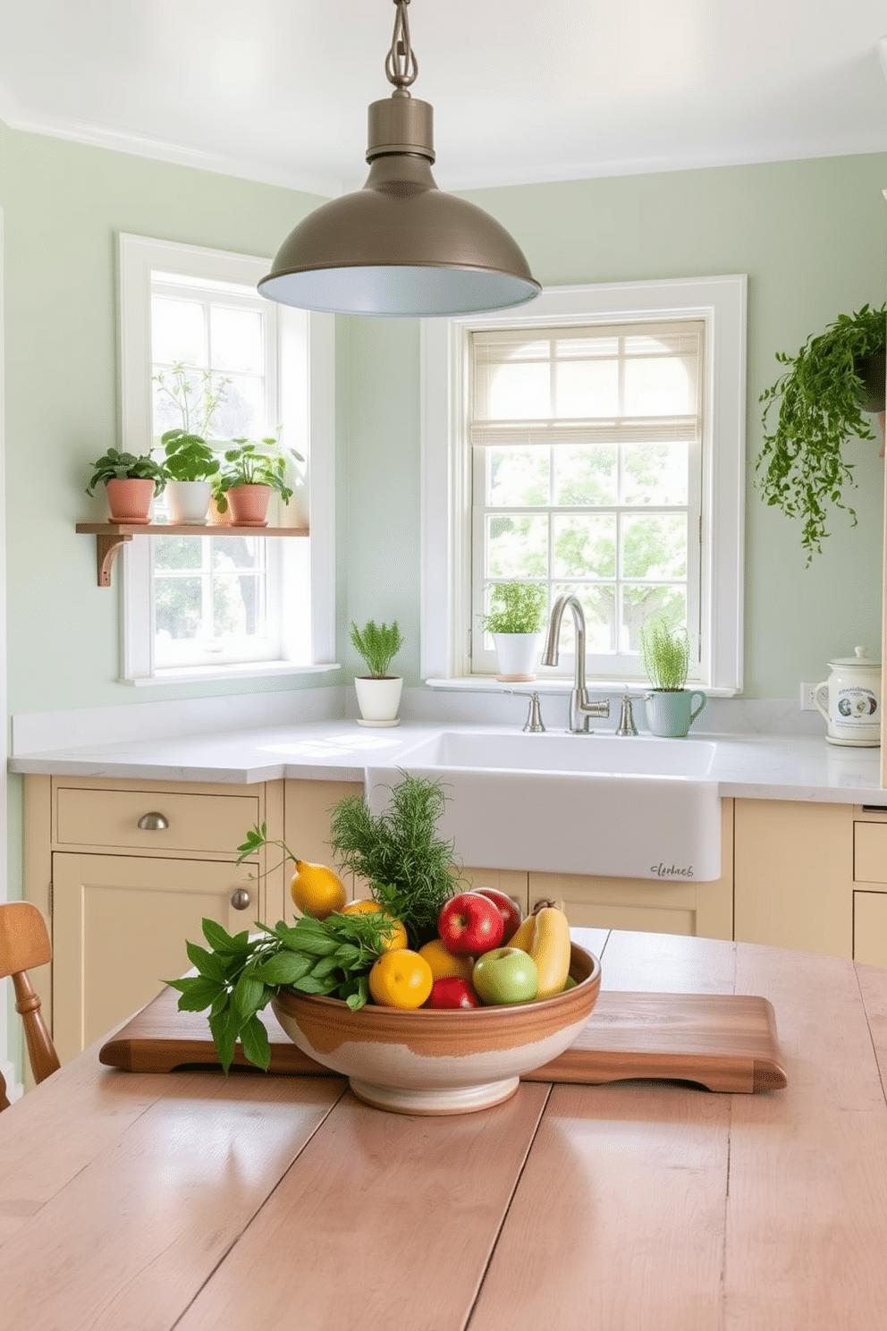 A bright and airy summer kitchen filled with light pastel colors. The walls are painted in a soft mint green, complemented by pale yellow cabinetry and a white farmhouse sink. The countertops are a light marble with subtle veining, creating an elegant yet casual feel. Fresh herbs in pastel pots adorn the windowsill, and a colorful fruit bowl sits at the center of a rustic wooden table.