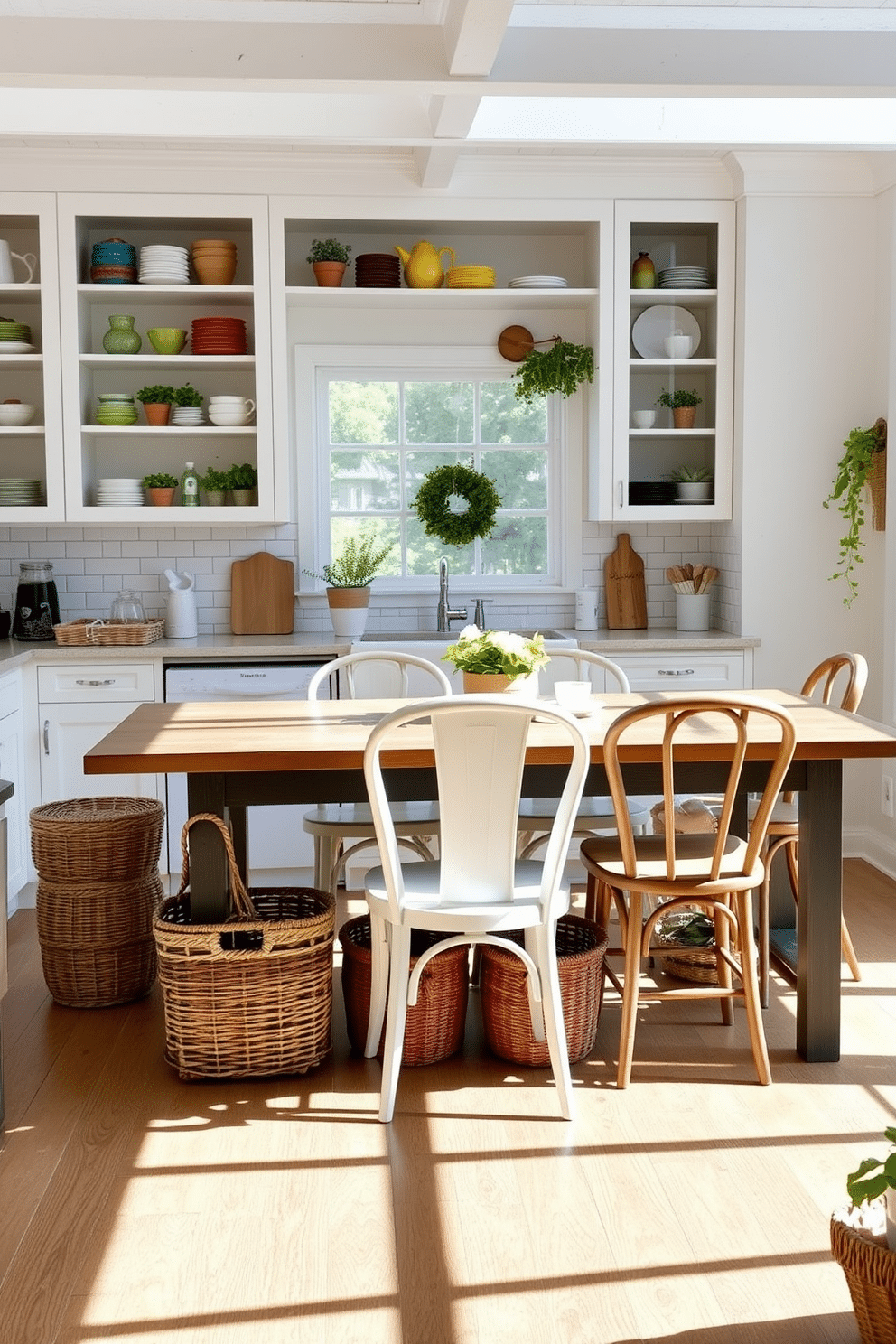 A charming summer kitchen setting filled with natural light. The space features white cabinetry with open shelving displaying colorful dishware and potted herbs. A large farmhouse table sits in the center, surrounded by mismatched chairs that add character. Woven baskets are neatly arranged under the table for stylish storage of kitchen essentials.