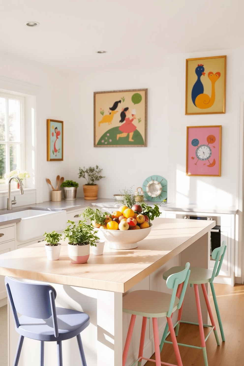 A bright and airy summer kitchen filled with natural light. The walls are painted in a soft white, adorned with cheerful artwork that features vibrant colors and playful themes. The kitchen island is topped with a light wood surface, surrounded by stylish bar stools in pastel hues. Fresh herbs in decorative pots add a touch of greenery, while a bowl of colorful fruits sits center stage on the island.