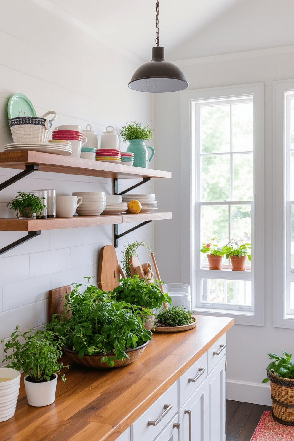 A bright and airy summer kitchen features open shelving made of reclaimed wood showcasing an array of colorful dishware and potted herbs. The walls are painted in a soft white hue, and natural light floods the space through large windows, creating a welcoming atmosphere.