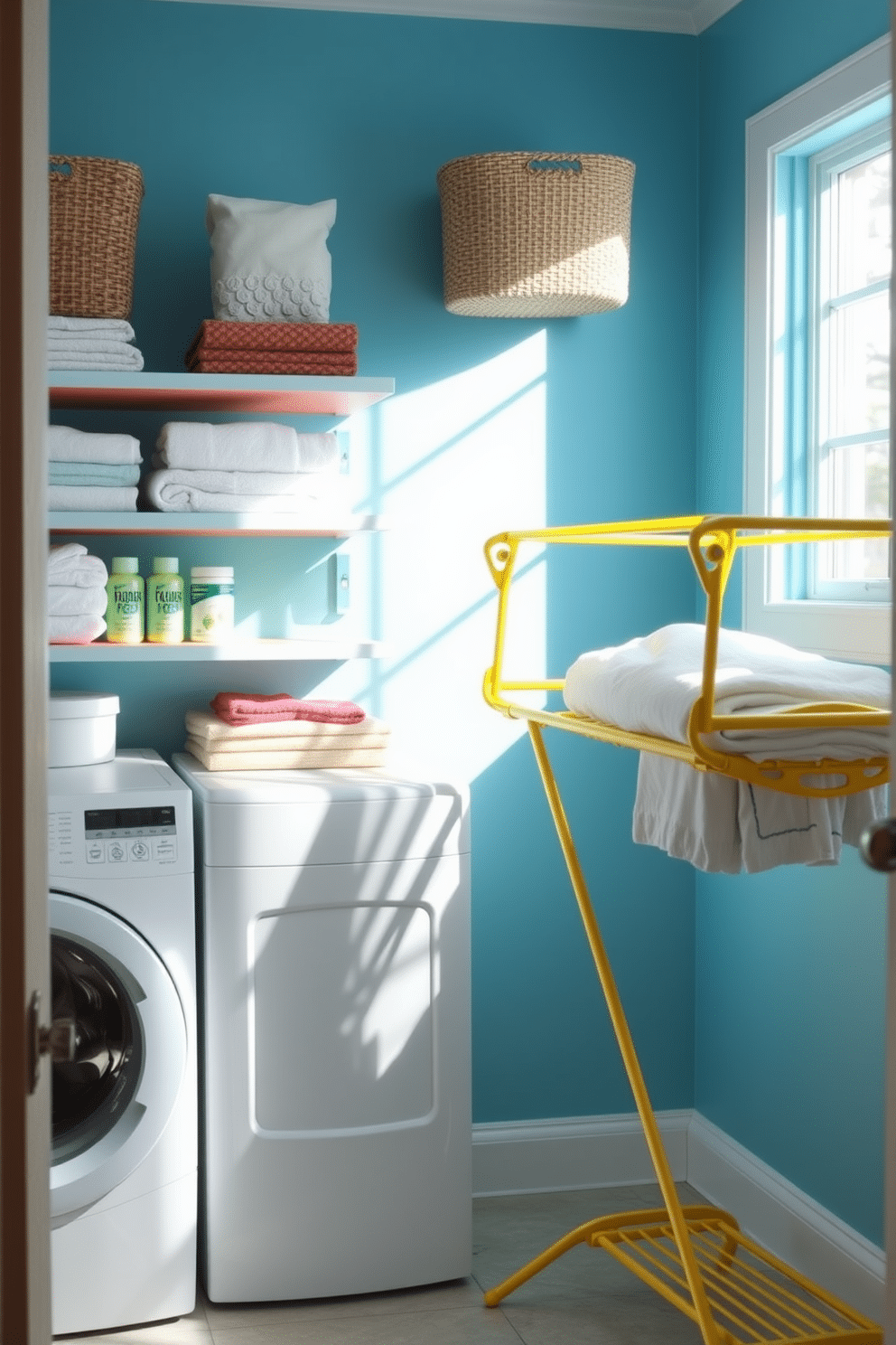 A vibrant laundry room filled with natural light. The walls are painted in a cheerful sky blue, creating an inviting atmosphere. Brightly colored shelves display neatly folded towels and laundry supplies. A stylish drying rack in a sunny yellow adds a pop of color and functionality.