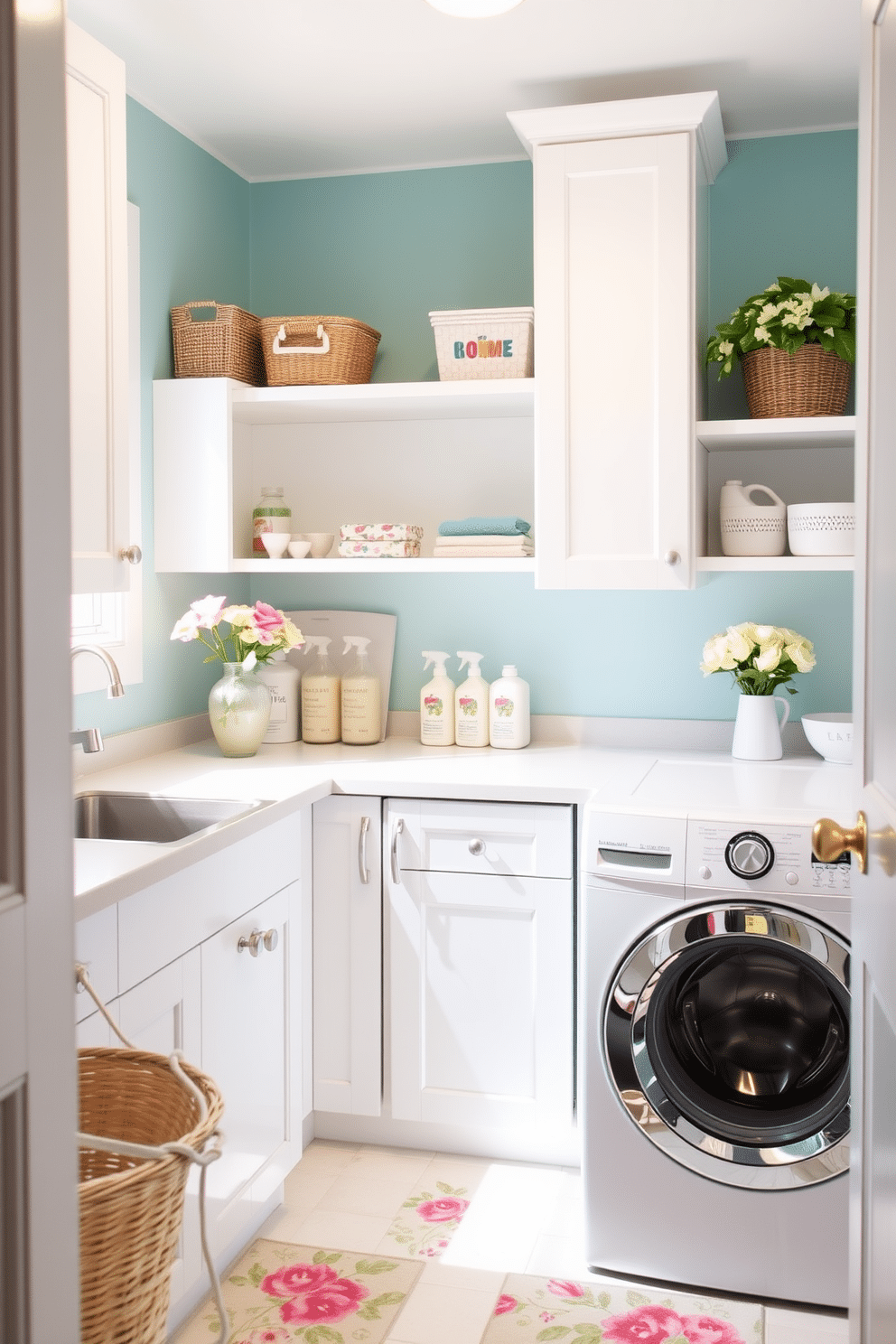 A bright and airy laundry room features sleek white cabinets that blend seamlessly into the walls, providing ample hidden storage for cleaning supplies and laundry essentials. The room is accented with cheerful summer decor, including vibrant floral prints and soft pastel colors that create a refreshing and inviting atmosphere.