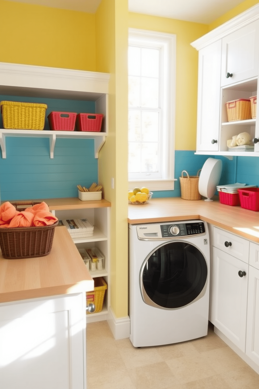 A bright and airy laundry room filled with natural light. The walls are painted in a soft yellow hue, complemented by white cabinetry and a cheerful blue backsplash. A spacious countertop made of light wood provides ample space for folding clothes. Decorative baskets in vibrant colors are neatly arranged on the shelves, adding a playful touch to the space.