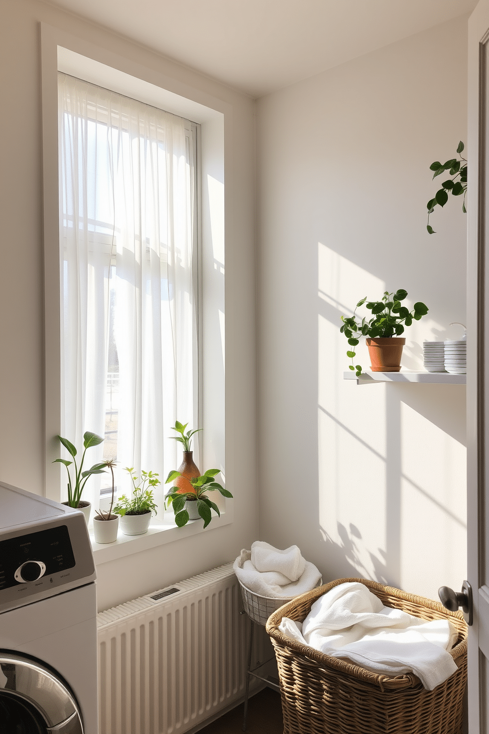 A bright and airy laundry room filled with natural light. The space features a large window with sheer white curtains, allowing sunlight to illuminate the room. Potted plants in various sizes are placed on the windowsill and shelves, adding a touch of greenery. A stylish wicker basket sits in the corner, filled with neatly folded towels and linens.