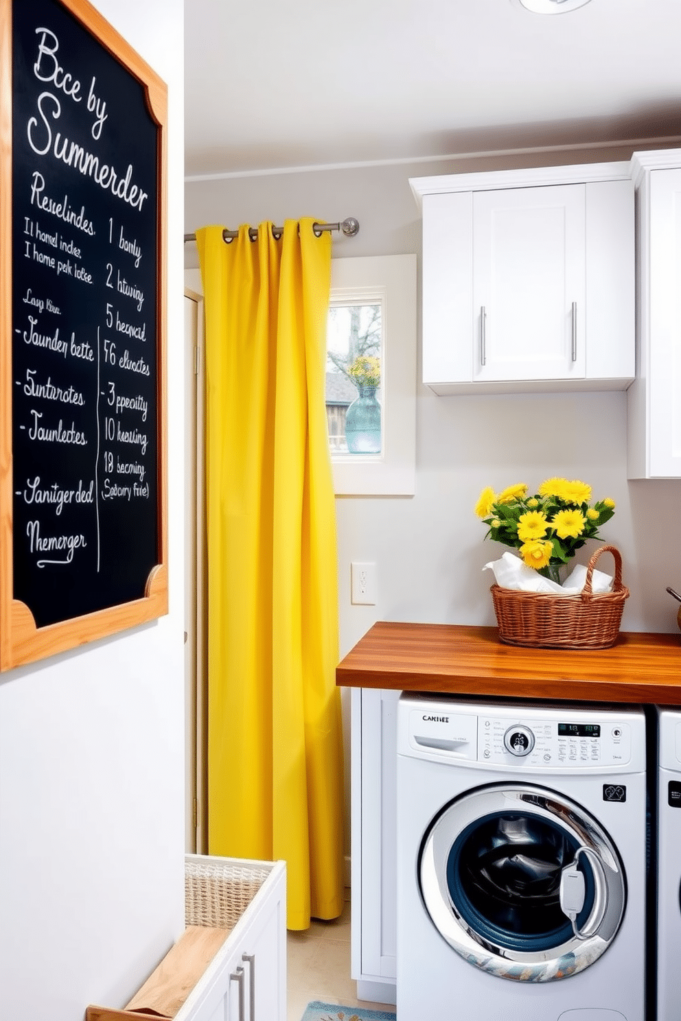 A bright and airy laundry room features a large chalkboard mounted on the wall for notes and reminders. The space is decorated with cheerful summer-themed accents, including vibrant yellow curtains and a colorful rug. The laundry area includes a stylish wooden countertop for folding clothes, paired with sleek white cabinets for storage. Fresh flowers in a vase add a touch of nature, while a wicker basket holds neatly organized laundry supplies.