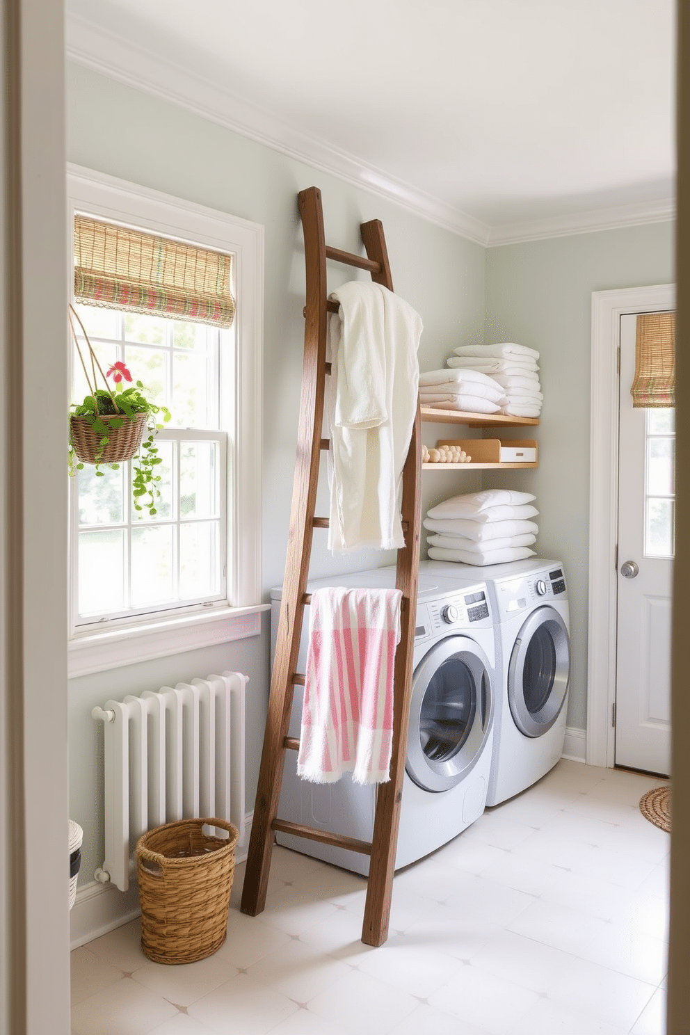 A bright and airy summer laundry room features a vintage wooden ladder leaning against the wall, adorned with neatly folded towels in soft pastel colors. The walls are painted a light, cheerful hue, and the space is filled with natural light from a large window, creating a welcoming atmosphere.