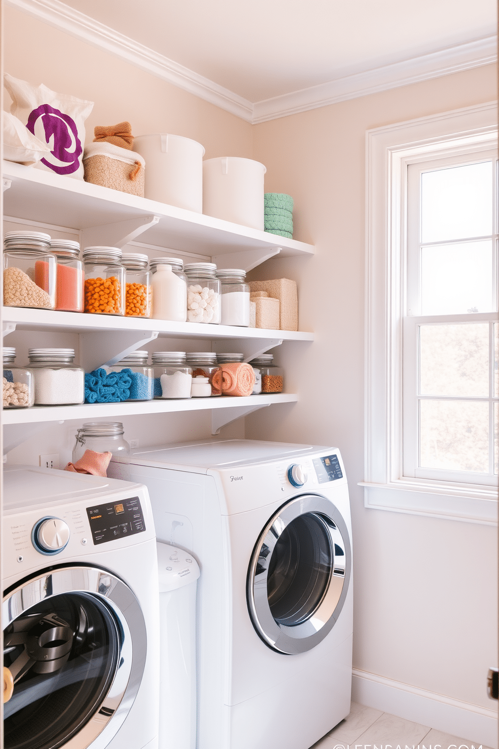 A bright and airy laundry room features clear jars filled with colorful laundry supplies neatly arranged on open shelves. The walls are painted in a soft pastel hue, and natural light floods the space through a large window, creating a cheerful atmosphere.