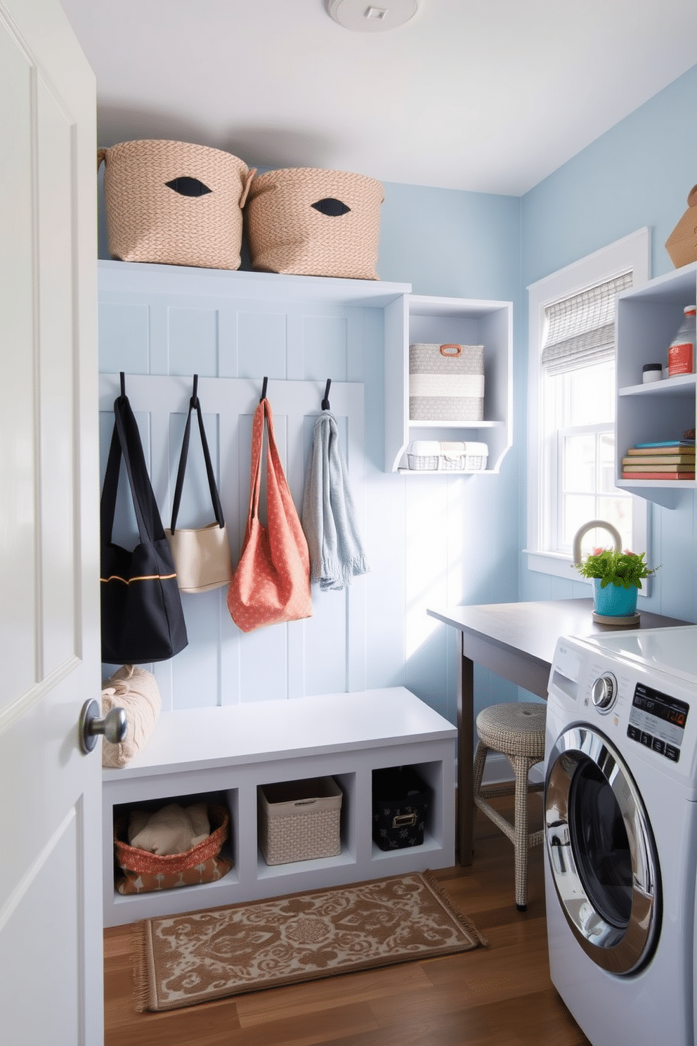 A charming mini mudroom area designed for functionality and style. It features a built-in bench with storage underneath, surrounded by hooks for coats and bags. The walls are painted in a soft blue hue, creating a fresh and inviting atmosphere. A patterned rug lies beneath the bench, adding warmth and texture to the space. For the summer laundry room, bright and cheerful colors are used to create a lively ambiance. The room includes open shelving for easy access to supplies and a folding table positioned near a sunny window for natural light.