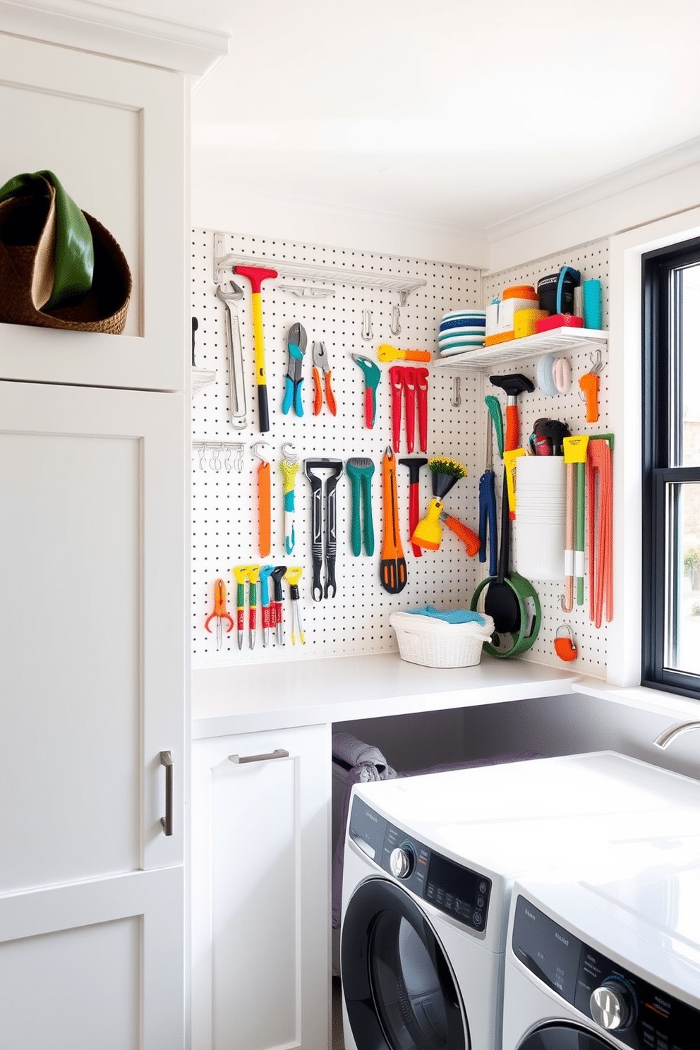 A bright and airy laundry room features a pegboard wall for efficient tool organization. The pegboard is adorned with neatly arranged hooks and shelves, showcasing colorful tools and supplies that add a cheerful touch to the space. The room is painted in a soft pastel hue, complemented by white cabinetry and a sleek countertop for folding clothes. Natural light floods in through a large window, illuminating a decorative plant sitting on the windowsill, enhancing the summer vibe.