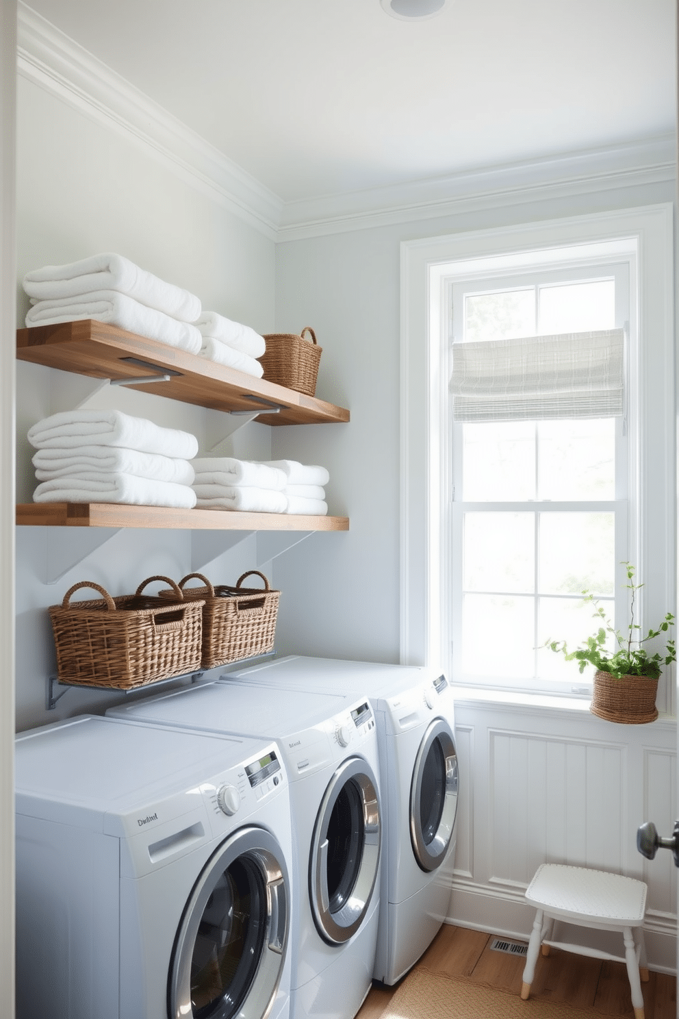 A bright and airy laundry room featuring open shelving made of reclaimed wood, displaying neatly folded towels and decorative baskets. The walls are painted in a soft pastel blue, and a large window allows natural light to flood the space, enhancing the cheerful atmosphere.