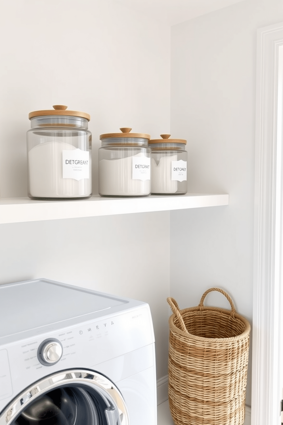 A bright and airy laundry room featuring stylish containers for detergents. The containers are made of clear glass with wooden lids, neatly arranged on a floating shelf above a white countertop. The walls are painted in a soft pastel color, creating a cheerful atmosphere. A woven basket sits on the floor, adding texture and warmth to the space.