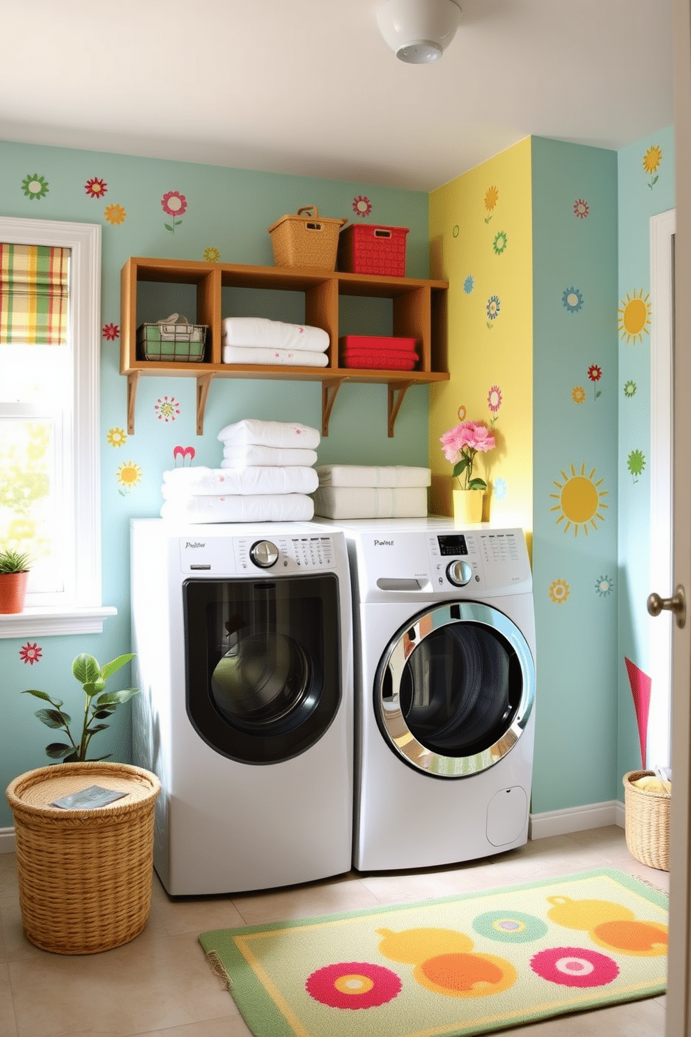 A bright and cheerful laundry room filled with playful wall decals featuring whimsical patterns and vibrant colors. The space is organized with open shelving displaying neatly folded towels and laundry supplies, complemented by a sunny window that brings in natural light. A stylish washer and dryer set is flanked by a cheerful rug that adds a pop of color to the floor. Decorative baskets are used for storage, and a small potted plant adds a touch of greenery to the lively atmosphere.