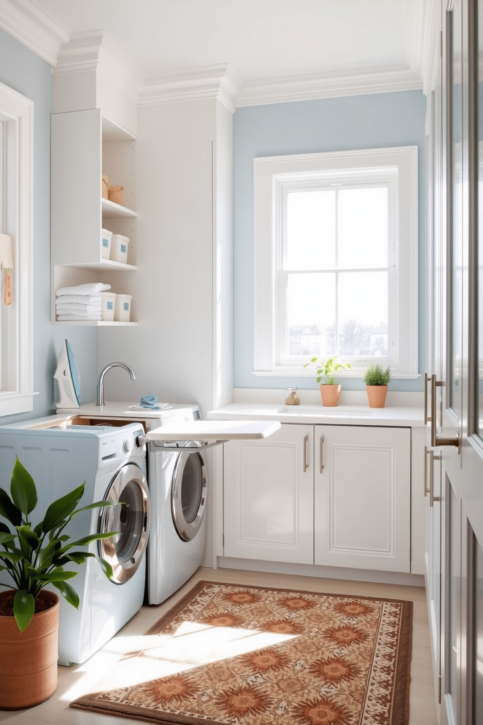 A bright and airy laundry room featuring a pull-out ironing board integrated into a sleek cabinetry design. The walls are painted in a soft pastel blue, complemented by white shelving that holds neatly organized laundry supplies. Natural light floods the space through a large window, enhancing the cheerful atmosphere. A stylish area rug adds warmth underfoot, while potted plants bring a touch of greenery to the room.