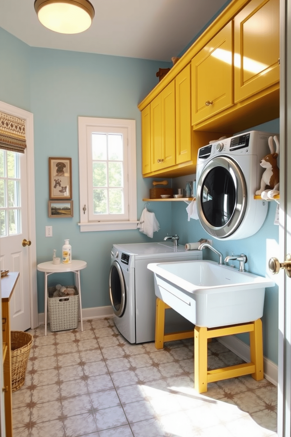 A bright and airy laundry room featuring a dedicated pet washing station. The station includes a raised tub with a handheld showerhead, surrounded by cheerful yellow cabinetry and playful pet-themed decor. Sunlight streams in through a large window, illuminating the space with warmth. The walls are painted in a soft pastel blue, complemented by a patterned tile floor that adds a touch of whimsy.