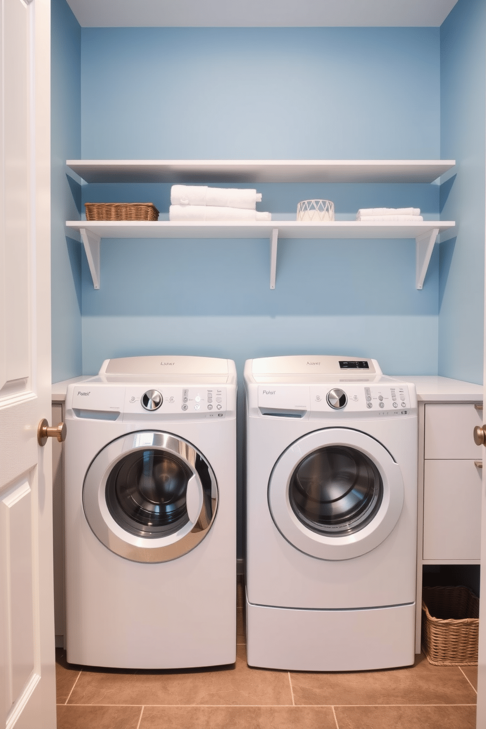 A modern laundry room featuring a sleek washer and dryer set in a crisp white finish. The walls are painted in a soft blue hue, complemented by open shelving displaying neatly folded towels and decorative baskets.