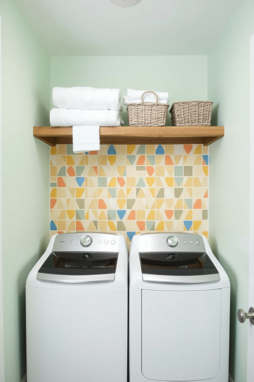 A bright and cheerful laundry room featuring a fun backsplash behind the appliances. The backsplash is adorned with colorful geometric tiles that add a playful touch to the space. The walls are painted in a soft pastel hue, creating a refreshing atmosphere. A rustic wooden shelf above the appliances holds neatly folded towels and decorative baskets for storage.