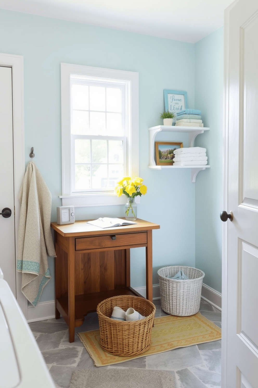 A bright and airy laundry room features a small wooden desk positioned near a window, perfect for sorting summer laundry. The walls are painted in a soft pastel blue, and a cheerful rug adds a pop of color to the space. Next to the desk, there are open shelves displaying neatly folded towels and summer-themed decor. The floor is tiled with a light gray pattern, and a basket for laundry sits invitingly beneath the desk.