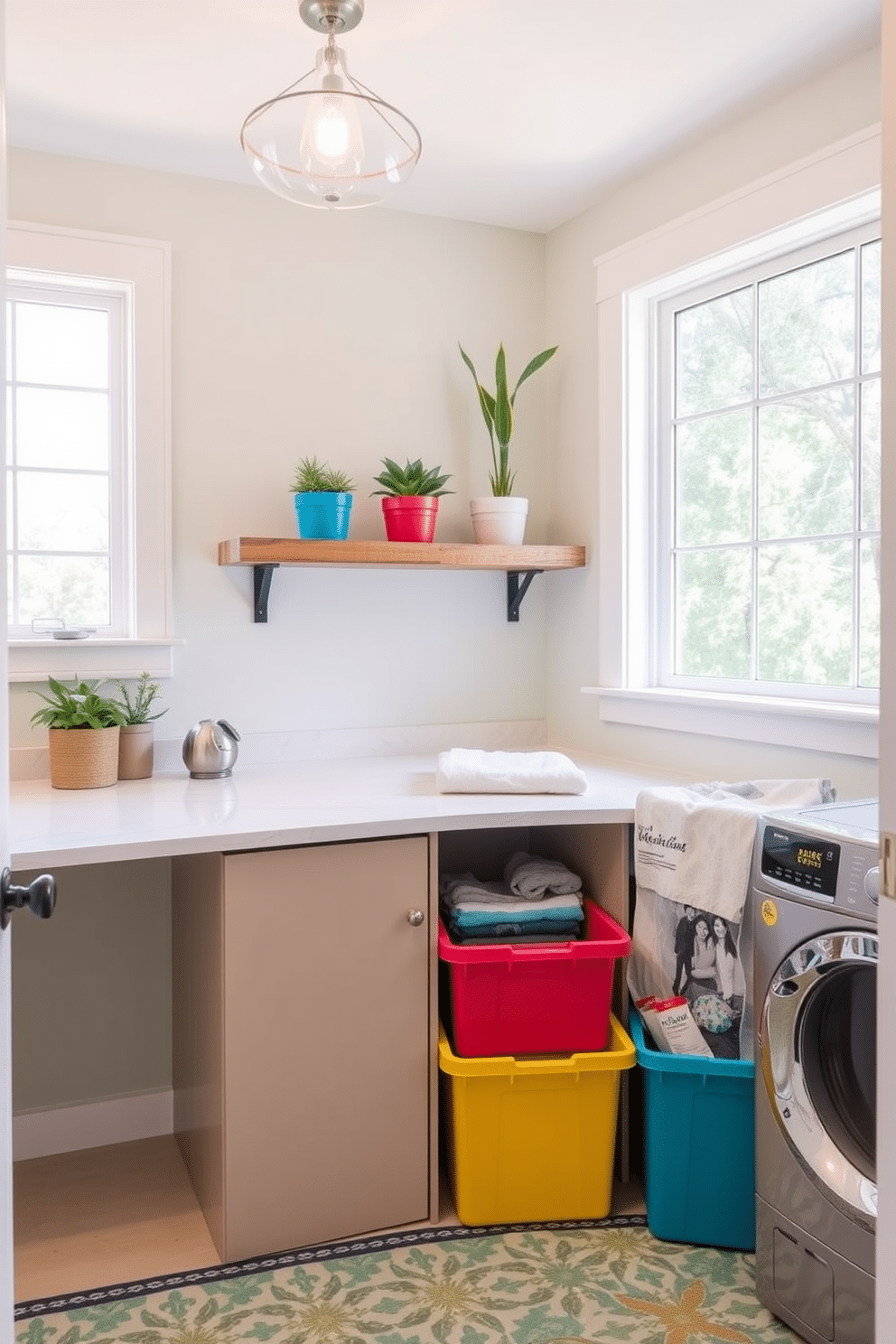 A bright and cheerful laundry room features colorful bins for sorting laundry, each labeled for easy organization. The walls are painted in a soft pastel shade, and a large window allows plenty of natural light to flood the space. A stylish countertop made of white quartz provides ample space for folding clothes, while a rustic wooden shelf above holds decorative plants and laundry essentials. The floor is covered with a fun patterned rug that adds a pop of color and comfort underfoot.