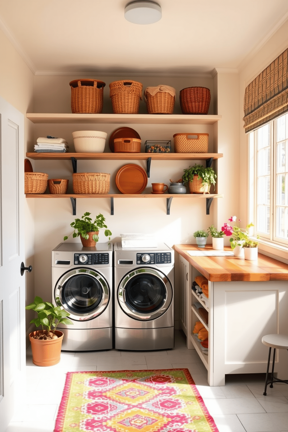 A bright and airy laundry room features decorative baskets in varying sizes neatly arranged on open shelving. The walls are painted a soft pastel hue, and a large window allows natural light to flood the space, creating a cheerful atmosphere. A vintage-style washing machine and dryer are complemented by a rustic wooden countertop for folding clothes. Potted plants add a touch of greenery, while a cheerful rug in vibrant colors ties the room together.