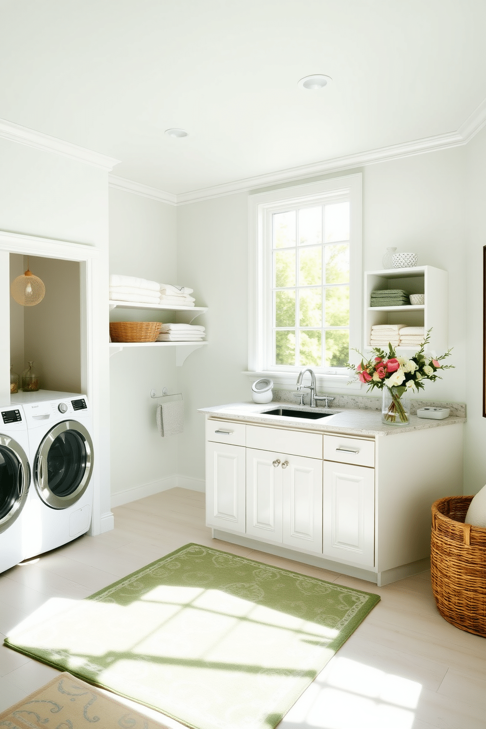 A bright and airy laundry room with ample natural light streaming through a large window. The walls are painted in a soft pastel hue, creating a cheerful atmosphere. In the center of the room, a spacious countertop made of quartz provides a perfect folding area. A stylish rug in a vibrant pattern adds comfort underfoot, complementing the overall decor. A set of open shelves displays neatly folded towels and laundry essentials, while a wicker basket sits in the corner for added storage. Fresh flowers in a vase bring a touch of nature to the space, enhancing its inviting feel.