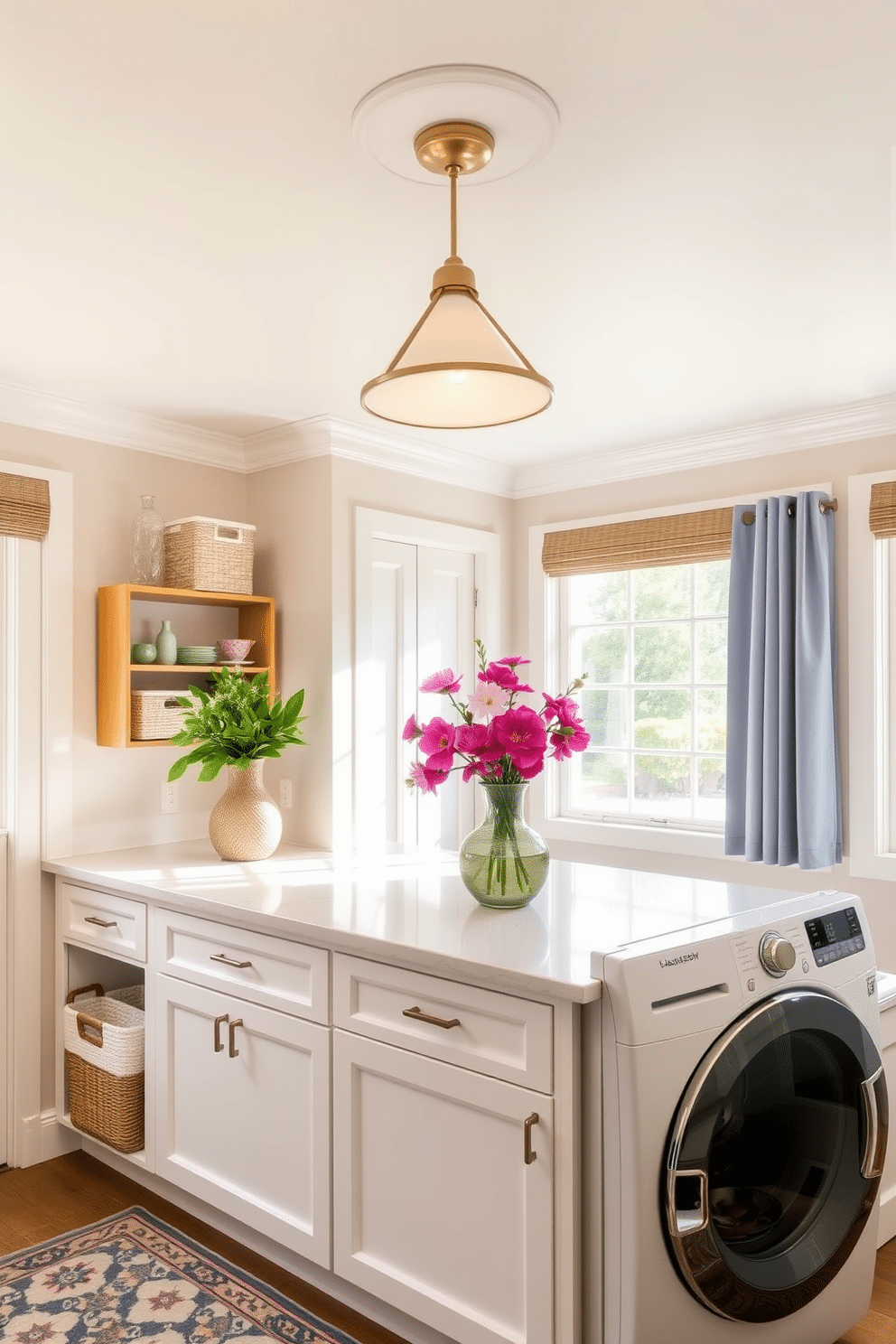 A bright and airy laundry room with a bold light fixture hanging from the ceiling. The walls are painted in a soft pastel color, and the space is filled with natural light streaming through large windows. A spacious countertop is lined with decorative baskets for organization. Fresh flowers in a vibrant vase add a touch of color, while a stylish rug brings warmth to the floor.