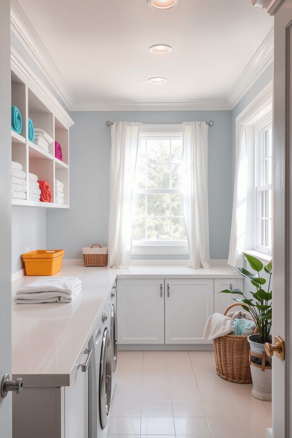 A bright and airy laundry room features a spacious folding station with a smooth white countertop. The walls are painted in a soft pastel blue, and natural light floods in through a large window adorned with sheer white curtains. To the left of the folding station, there are open shelves displaying neatly folded towels and colorful storage bins. A wicker basket sits on the floor, filled with freshly laundered clothes, while a potted plant adds a touch of greenery to the space.