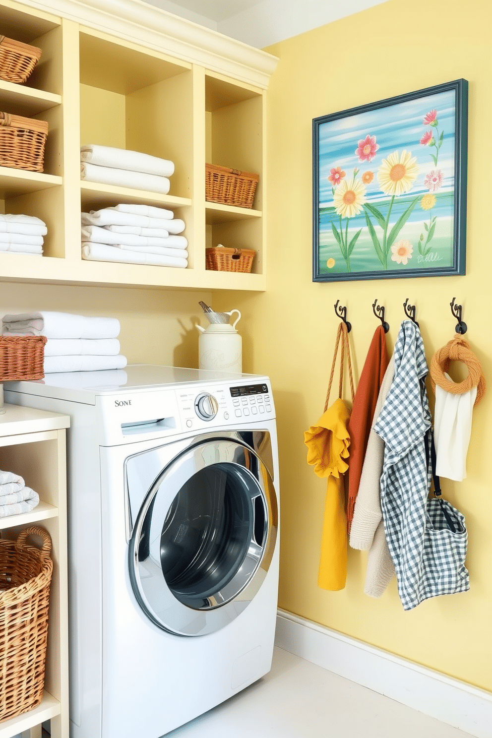 Create a bright and airy laundry room that embodies a summer vibe. Incorporate cheerful colors like soft yellows and light blues, with open shelving to display neatly folded towels and baskets. Hang vibrant artwork that reflects summer themes, such as beach scenes or floral prints, to add a personal touch. Use decorative hooks for hanging clothes and accessories, enhancing both functionality and style.