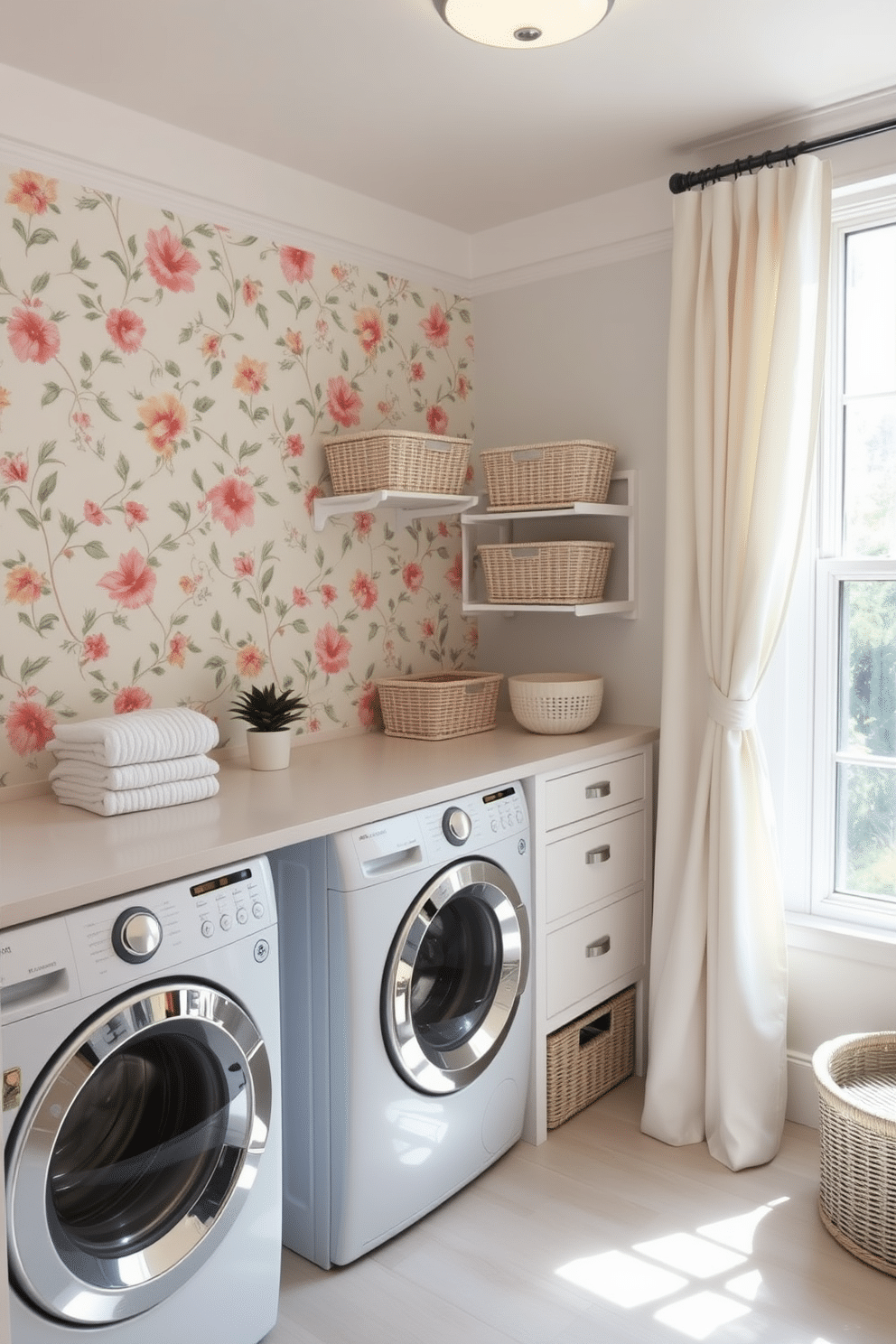 A bright and cheerful laundry room featuring playful wallpaper with a floral pattern as an accent wall. The space includes a spacious countertop for folding clothes and a stylish washing machine and dryer set, all in soft pastel colors. Natural light floods the room through a large window adorned with light curtains. Decorative baskets are neatly arranged for storage, and a small potted plant adds a touch of greenery to the vibrant atmosphere.