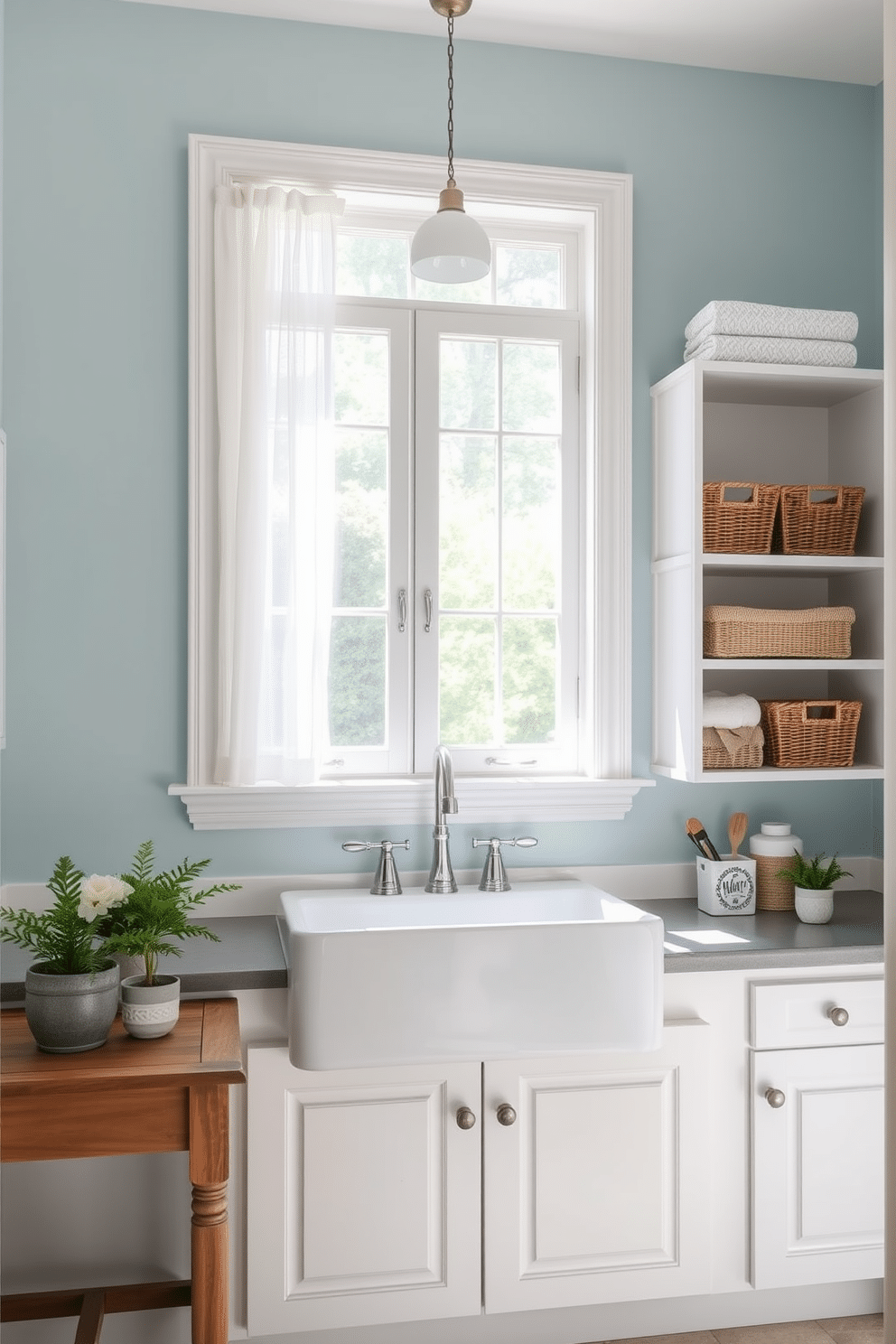 A bright and airy laundry room features a farmhouse sink with a sleek apron front. The walls are painted in a soft pastel blue, complemented by white cabinetry and open shelving displaying neatly folded towels and decorative baskets. Natural light floods the space through a large window above the sink, adorned with sheer white curtains. A rustic wooden table sits beside the sink, providing a functional space for sorting laundry and displaying potted plants.