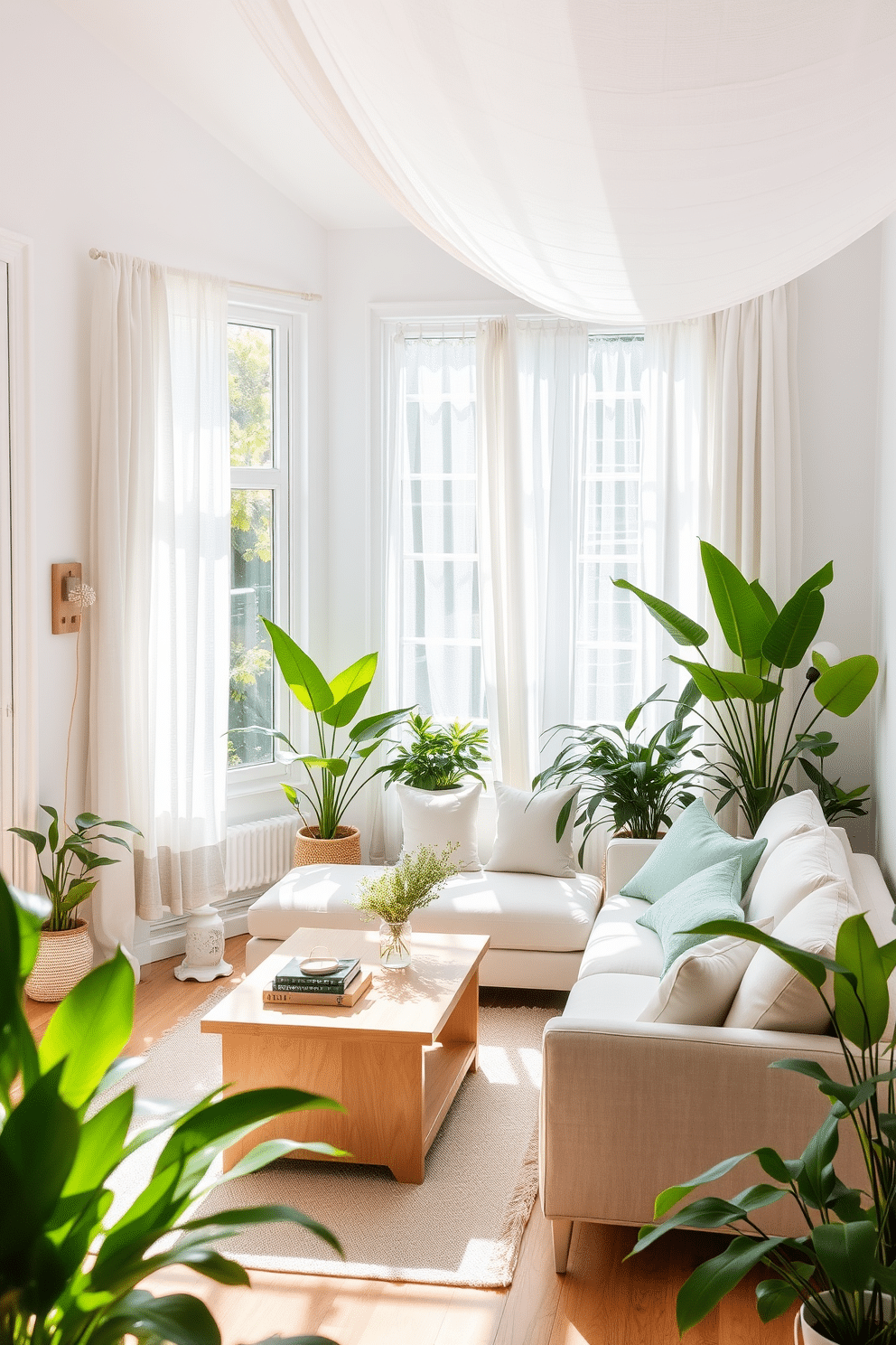 A bright and airy summer living room filled with natural light. The space features white linen curtains that gently billow in the breeze, enhancing the cheerful atmosphere. A comfortable sectional sofa in soft pastel tones is paired with a light wooden coffee table. Fresh green plants are strategically placed around the room, adding a vibrant touch to the decor.