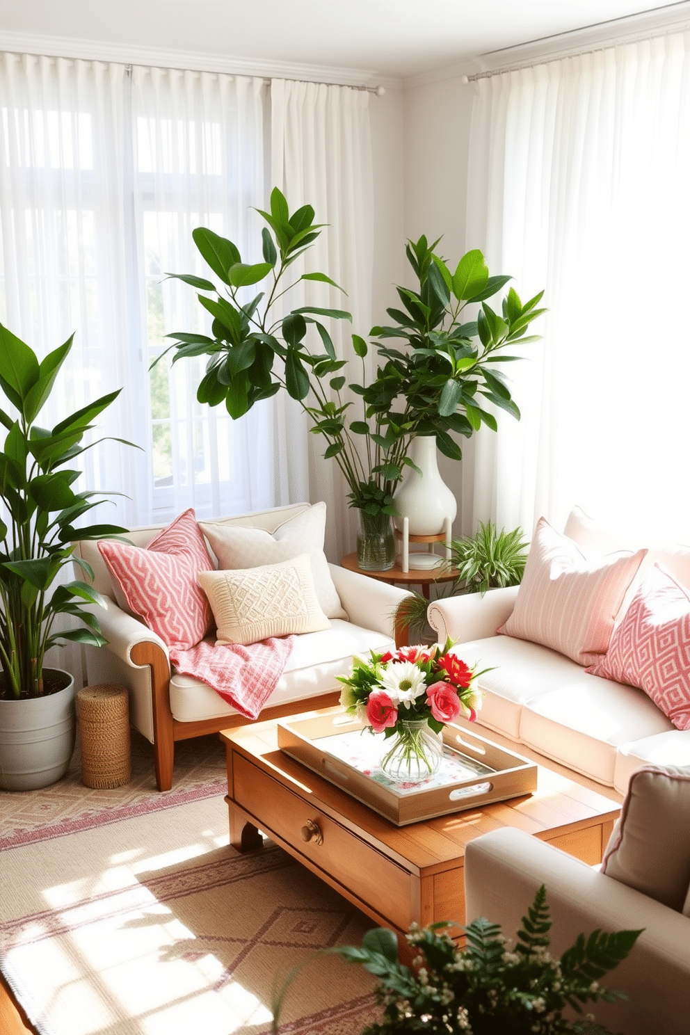 A bright and airy summer living room features sheer drapes that gently filter sunlight, creating a warm and inviting atmosphere. The room is adorned with light-colored furniture, including a plush sofa and a soft area rug, complemented by vibrant throw pillows in pastel hues. A large coffee table sits at the center, topped with a decorative tray and fresh seasonal flowers. Potted plants are strategically placed around the room, enhancing the natural feel and bringing the outdoors in.