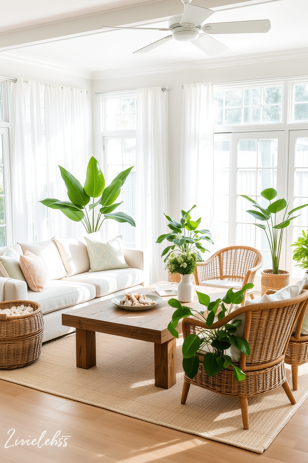 A bright and airy summer living room filled with natural light. The space features a comfortable linen sofa adorned with pastel-colored throw pillows and a large woven basket filled with seashells in one corner. A reclaimed wood coffee table sits at the center, surrounded by rattan chairs that add a coastal vibe. Large windows dressed with sheer white curtains allow the soft breeze to flow through, complementing the fresh green plants placed throughout the room.