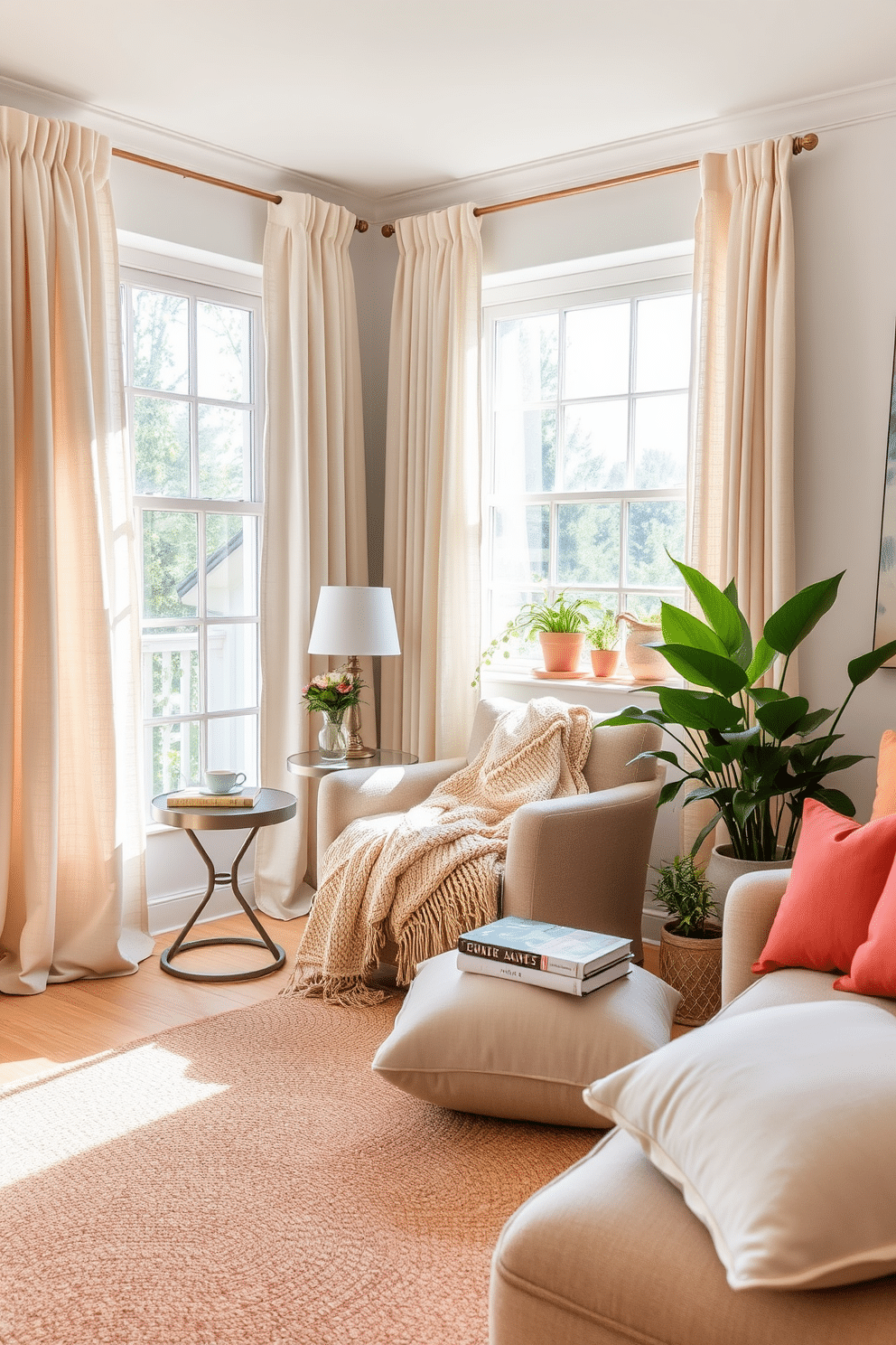 A cozy reading nook features a plush armchair upholstered in soft, textured fabric positioned next to a large window that allows natural light to flood the space. A small side table holds a steaming cup of tea and a stack of well-loved books, while a warm, woven throw drapes over the armchair inviting relaxation. Summer living room decorating ideas include light, airy curtains that flutter gently in the breeze and a color palette of soft pastels to evoke a fresh, cheerful atmosphere. A large area rug in a natural fiber anchors the space, complemented by bright cushions and a few potted plants that bring the outdoors in.