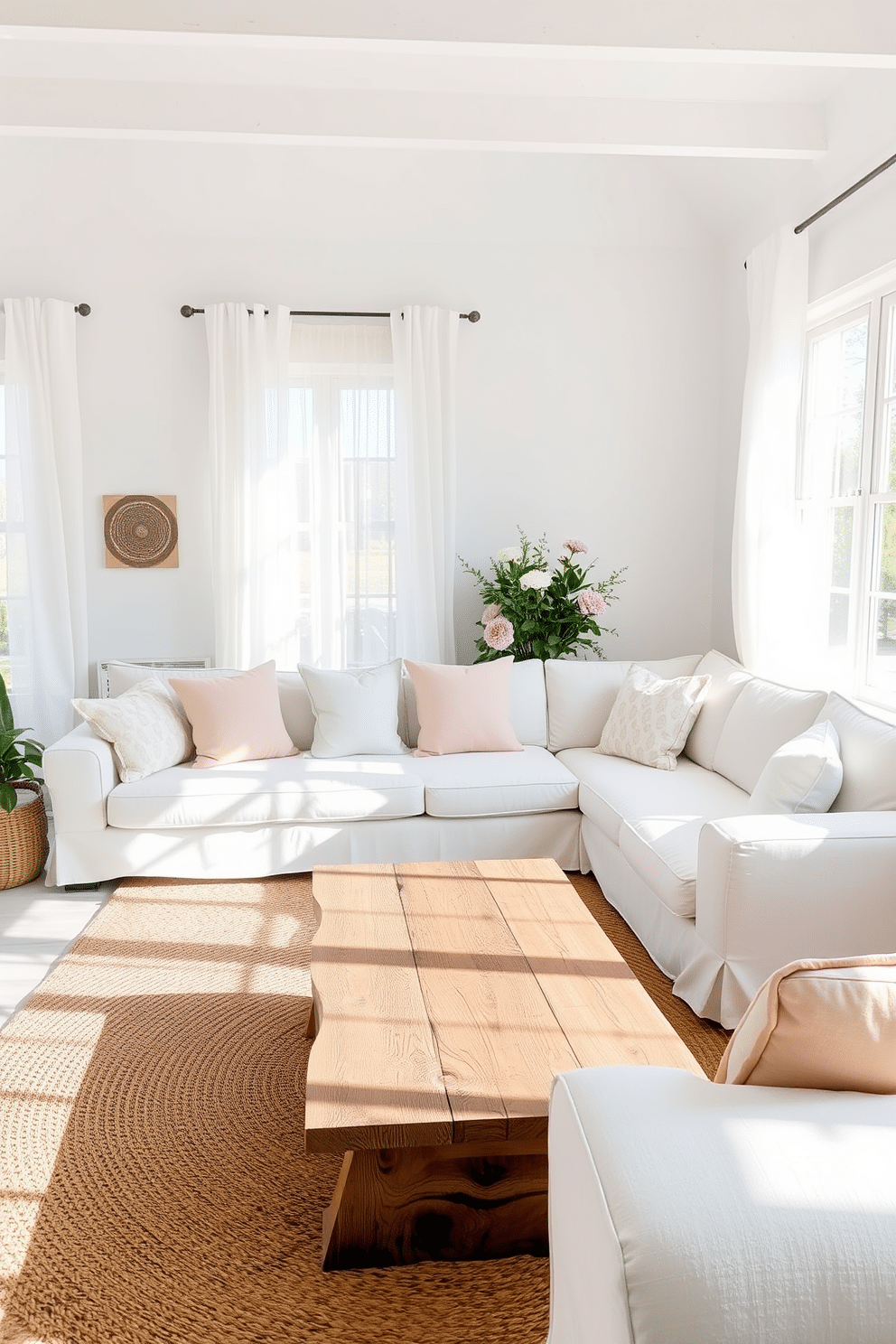 A bright and airy summer living room filled with light. The space features a large sectional sofa upholstered in soft white linen, adorned with pastel-colored throw pillows for a fresh touch. Sheer curtains flutter gently in the breeze, allowing natural light to flood the room. A woven jute rug anchors the seating area, complemented by a rustic coffee table made from reclaimed wood.