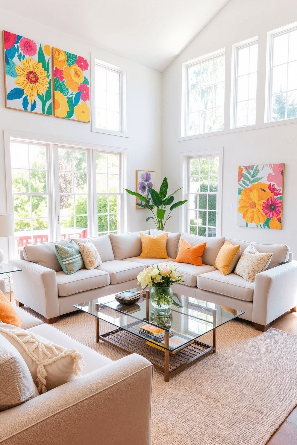 A bright and airy summer living room features large windows that allow natural light to flood the space. Colorful seasonal artwork adorns the walls, showcasing vibrant prints that reflect the warmth and energy of summer. The furniture is arranged to create a cozy yet open atmosphere, with a plush sectional sofa in a light fabric and a glass coffee table at the center. Decorative throw pillows in sunny hues and a soft area rug add comfort and style, inviting relaxation in this cheerful setting.