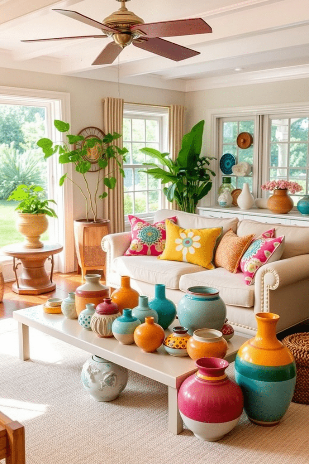 A bright and airy summer living room filled with cheerful ceramics and vibrant pottery. The space features a large, comfortable sofa adorned with colorful throw pillows and a light, breezy area rug underfoot. On a coffee table, an assortment of beautifully crafted pottery pieces in varying sizes adds a playful touch. Large windows allow natural light to flood the room, enhancing the lively colors and creating an inviting atmosphere.