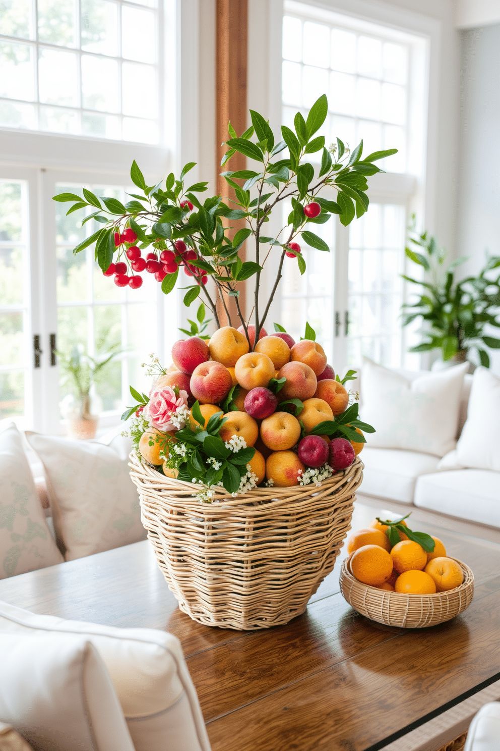 Create a summer-themed centerpiece featuring a large woven basket filled with vibrant seasonal fruits such as peaches, plums, and cherries. Surround the basket with fresh greenery and small white flowers to enhance the natural feel. Design a summer living room that incorporates light, airy fabrics in soft pastel colors. Use rattan furniture and plenty of cushions to create a cozy yet refreshing atmosphere, complemented by large windows that let in ample sunlight.