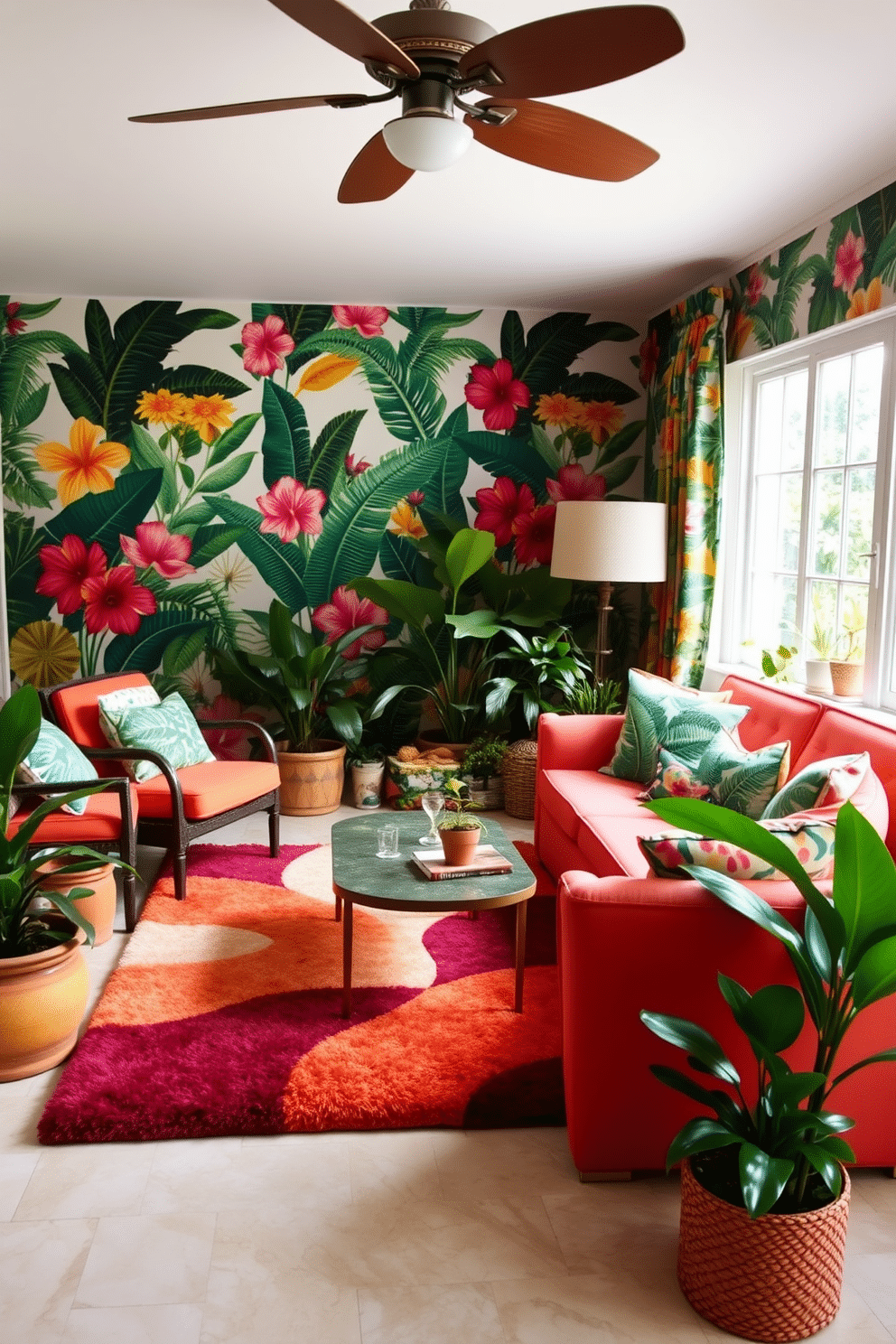 A vibrant summer living room filled with tropical prints. The walls are adorned with large, colorful botanical wallpaper, while the furniture features bright cushions with palm leaf patterns. A large, plush area rug anchors the seating area, showcasing a mix of bold colors. Potted plants are scattered throughout the room, adding a fresh, lively touch to the decor.