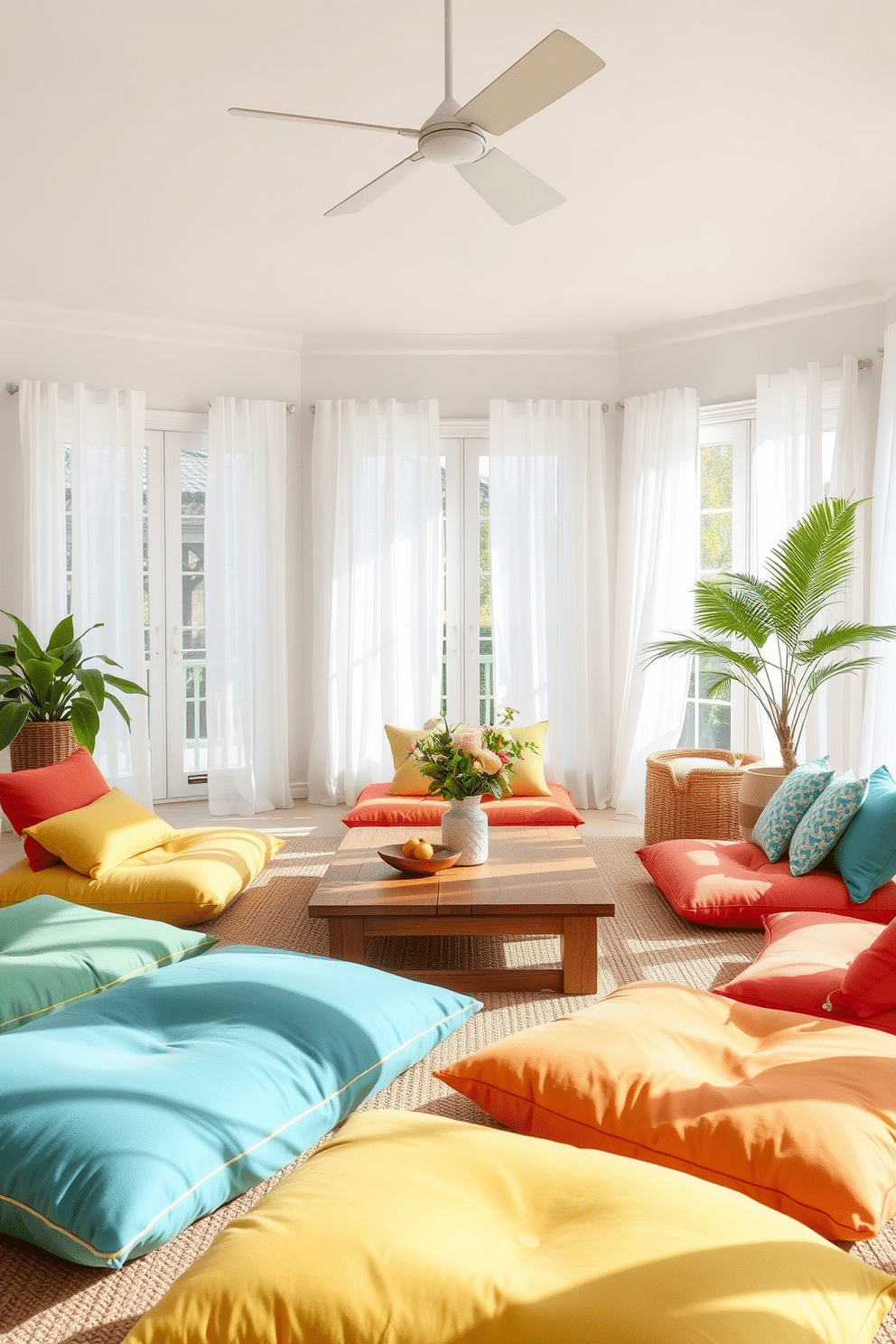 A bright and airy summer living room features oversized floor cushions in vibrant colors arranged around a low wooden coffee table. Natural light floods the space through large windows adorned with sheer white curtains, creating a relaxed and inviting atmosphere.