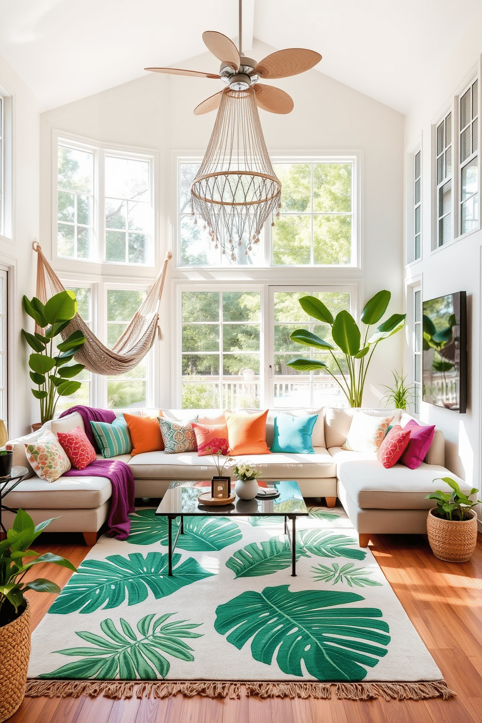 A bright and airy summer living room features a cozy hammock hanging from the ceiling in one corner, inviting relaxation and comfort. The walls are painted in a soft pastel hue, and large windows allow natural light to flood the space, enhancing the cheerful atmosphere. In the center of the room, a plush sectional sofa is adorned with colorful throw pillows, creating a vibrant focal point. A large area rug with a tropical pattern anchors the seating area, while potted plants add a touch of greenery and freshness to the decor.