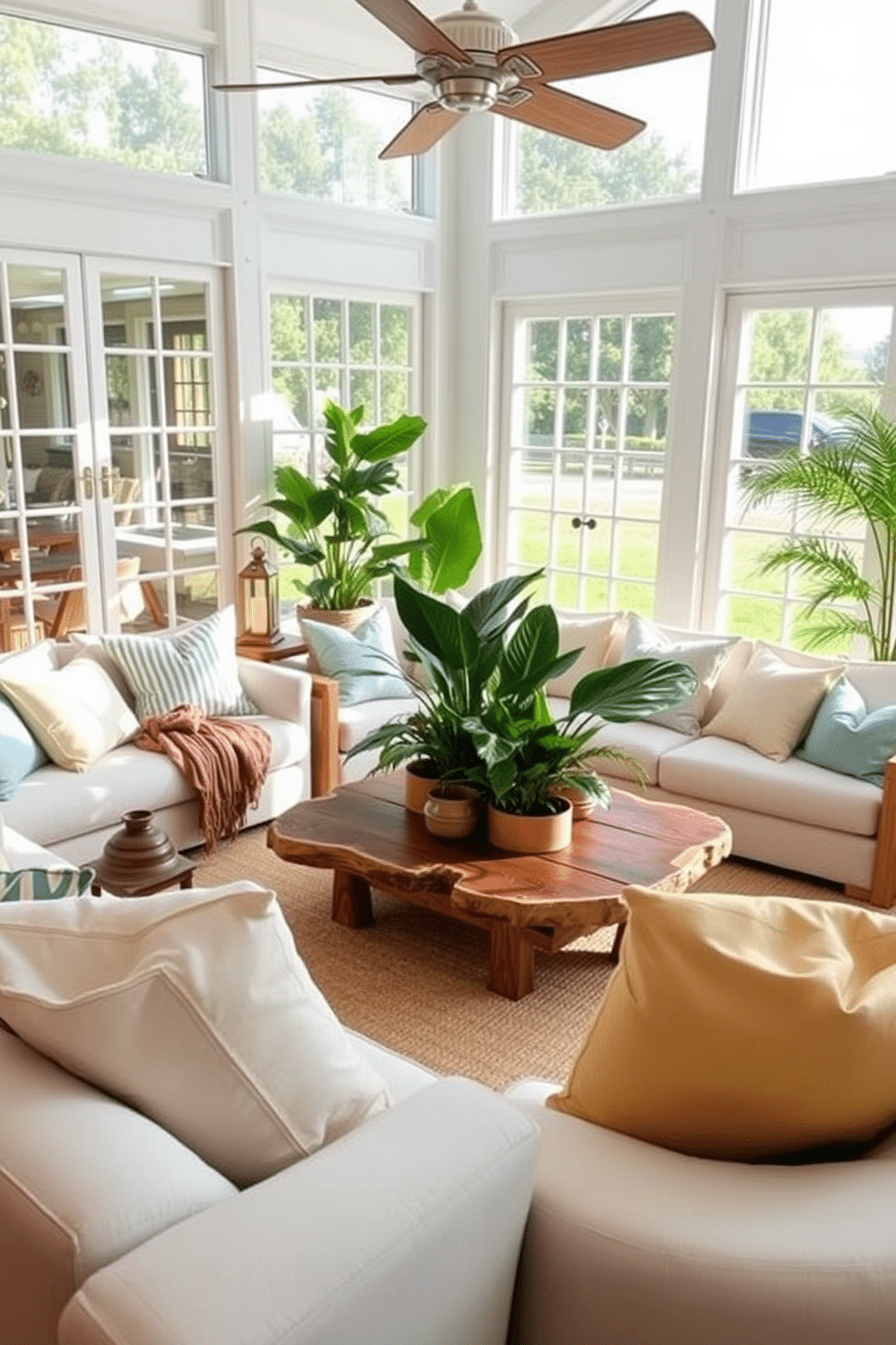 A bright and airy summer living room features large windows that let in natural light, creating a warm and inviting atmosphere. The space is adorned with soft, pastel-colored furnishings, including a plush sofa and several oversized cushions in various shades of blue and yellow. Decorative lanterns are strategically placed around the room, casting a gentle glow in the evenings. A large coffee table made of reclaimed wood sits at the center, surrounded by a collection of vibrant, tropical plants that add a refreshing touch to the decor.