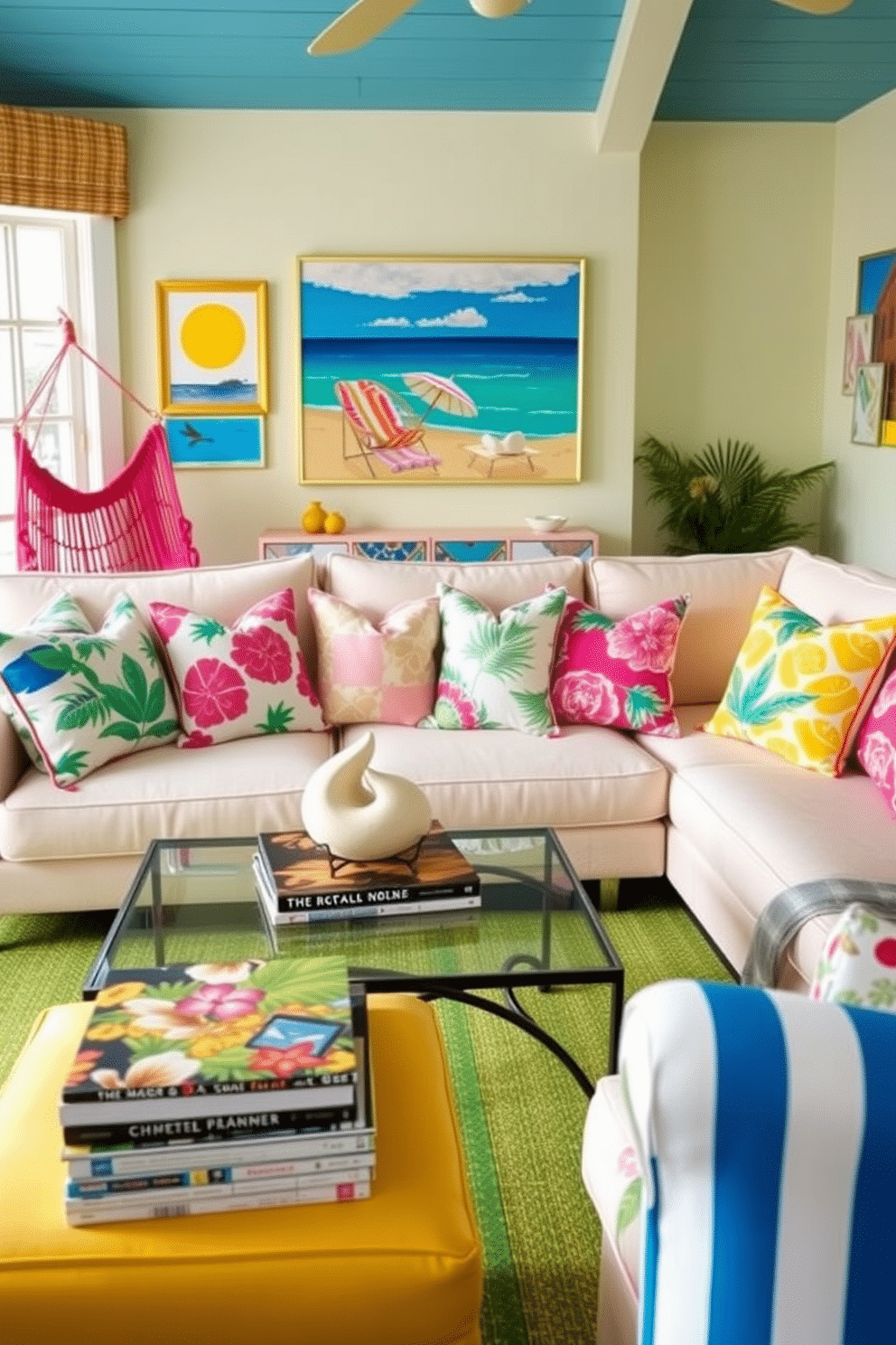 A bright and airy summer living room filled with vibrant colors and playful patterns. A large, comfortable sectional sofa is adorned with an assortment of colorful throw pillows featuring tropical prints. On the coffee table, a stack of stylish magazines is topped with a whimsical ceramic sculpture. Brightly colored wall art depicting beach scenes adds to the cheerful atmosphere, while a playful hammock chair in the corner invites relaxation.