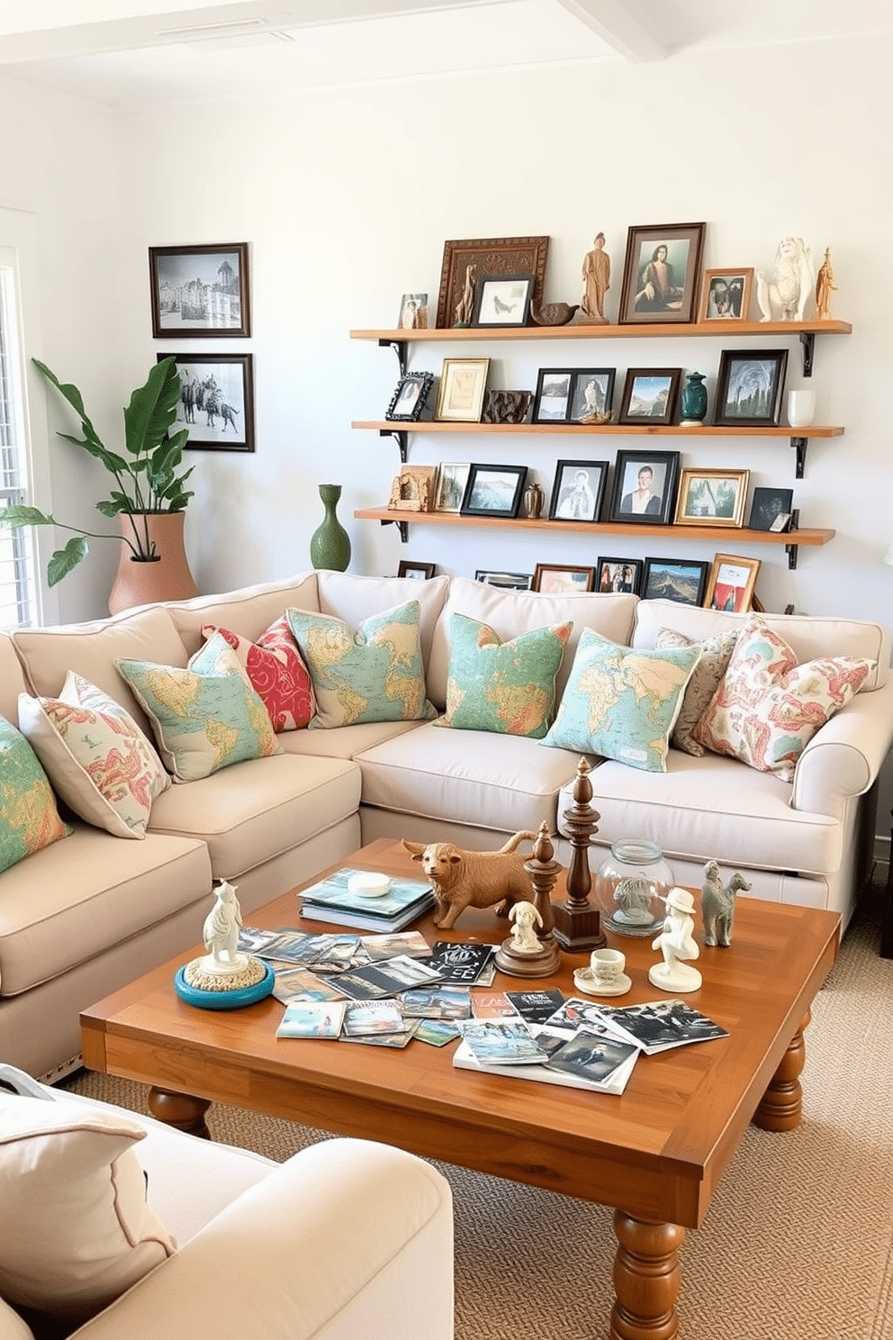 A bright and inviting summer living room filled with travel souvenirs that reflect personal experiences. A comfortable sectional sofa in soft pastel colors is adorned with vibrant throw pillows featuring patterns from around the world. On a wooden coffee table, an array of travel memorabilia, such as postcards and small sculptures, is artfully arranged. A large wall-mounted shelf displays framed photographs and unique artifacts from various destinations, adding character to the space.