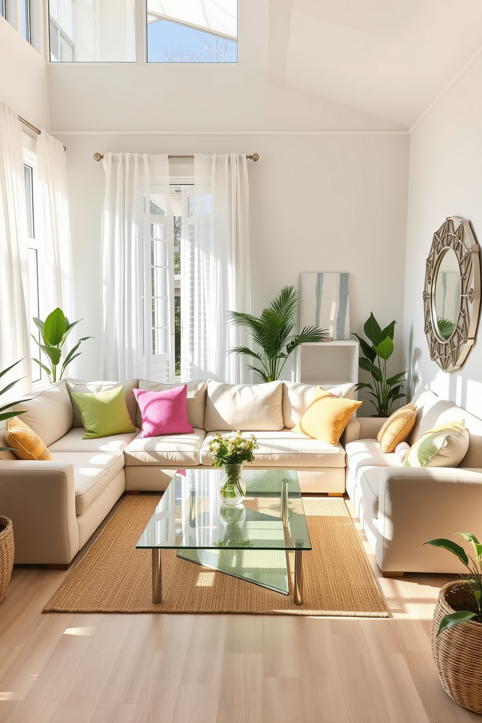 A bright summer living room filled with natural light. The space features large windows draped with sheer white curtains, allowing sunlight to flood the room. A comfortable sectional sofa in a light pastel color is adorned with vibrant throw pillows. A glass coffee table sits in the center, reflecting the sunlight and creating an airy atmosphere. On one wall, a large decorative mirror enhances the light reflection and adds depth to the space. Potted plants in the corners bring a touch of greenery and a fresh summer vibe.