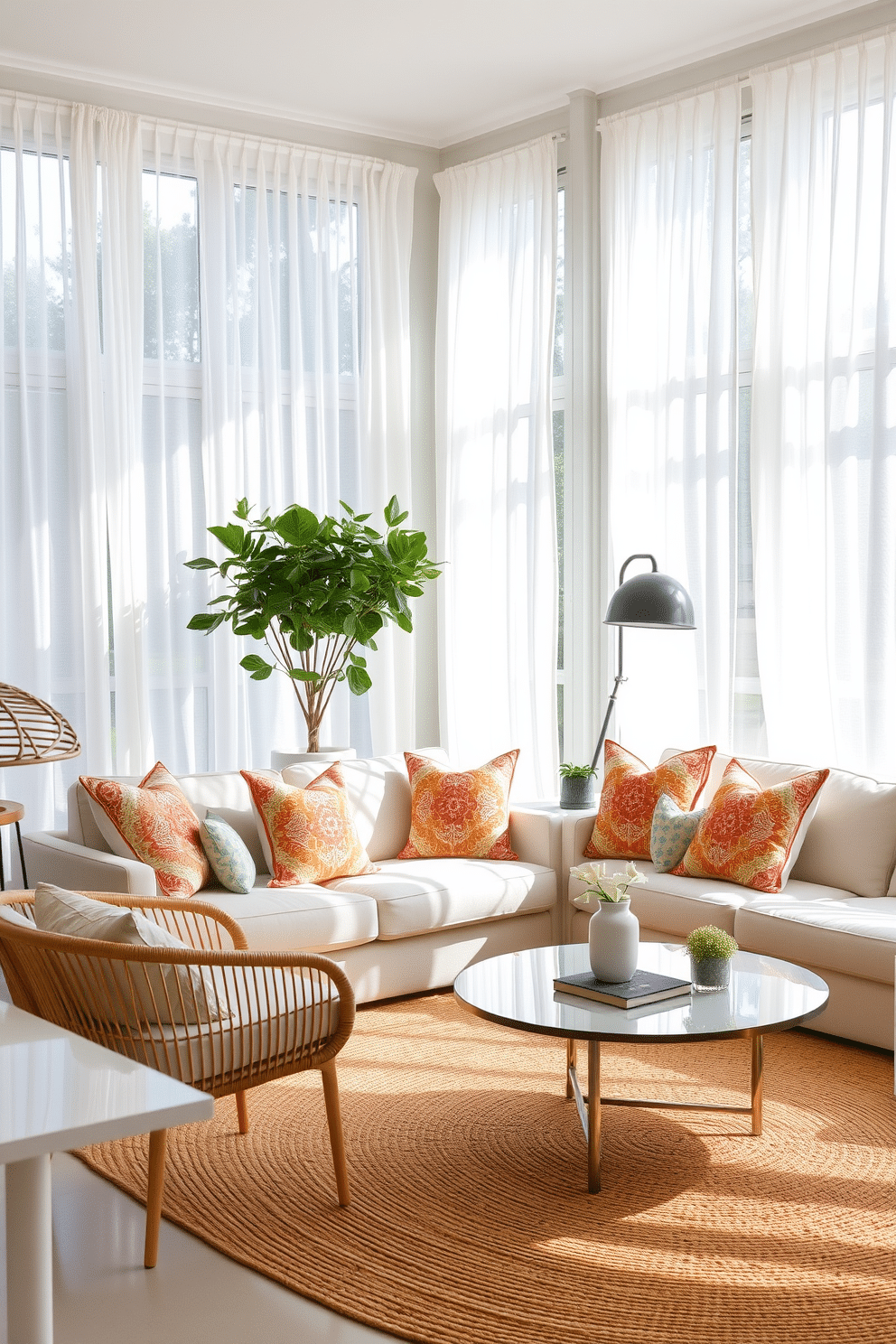 A bright and airy summer living room filled with natural light. The space features a soft linen sofa adorned with vibrant, patterned throw pillows and a woven jute rug underfoot. Large windows are dressed with sheer white curtains that flutter gently in the breeze. A mix of modern and vintage furniture pieces, including a rattan chair and a sleek coffee table, create an inviting atmosphere.