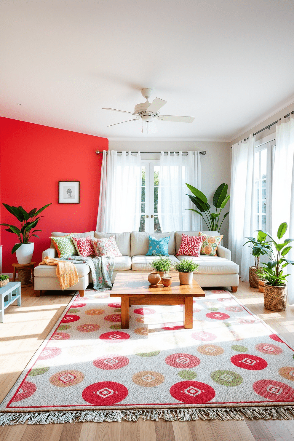 A vibrant summer living room featuring a fun accent wall painted in a bright coral hue. The space is filled with light, showcasing a comfortable sectional sofa adorned with colorful throw pillows and a large area rug with a playful pattern. Natural light floods the room through large windows draped with sheer white curtains. A wooden coffee table sits at the center, surrounded by potted plants and decorative accessories that enhance the cheerful atmosphere.