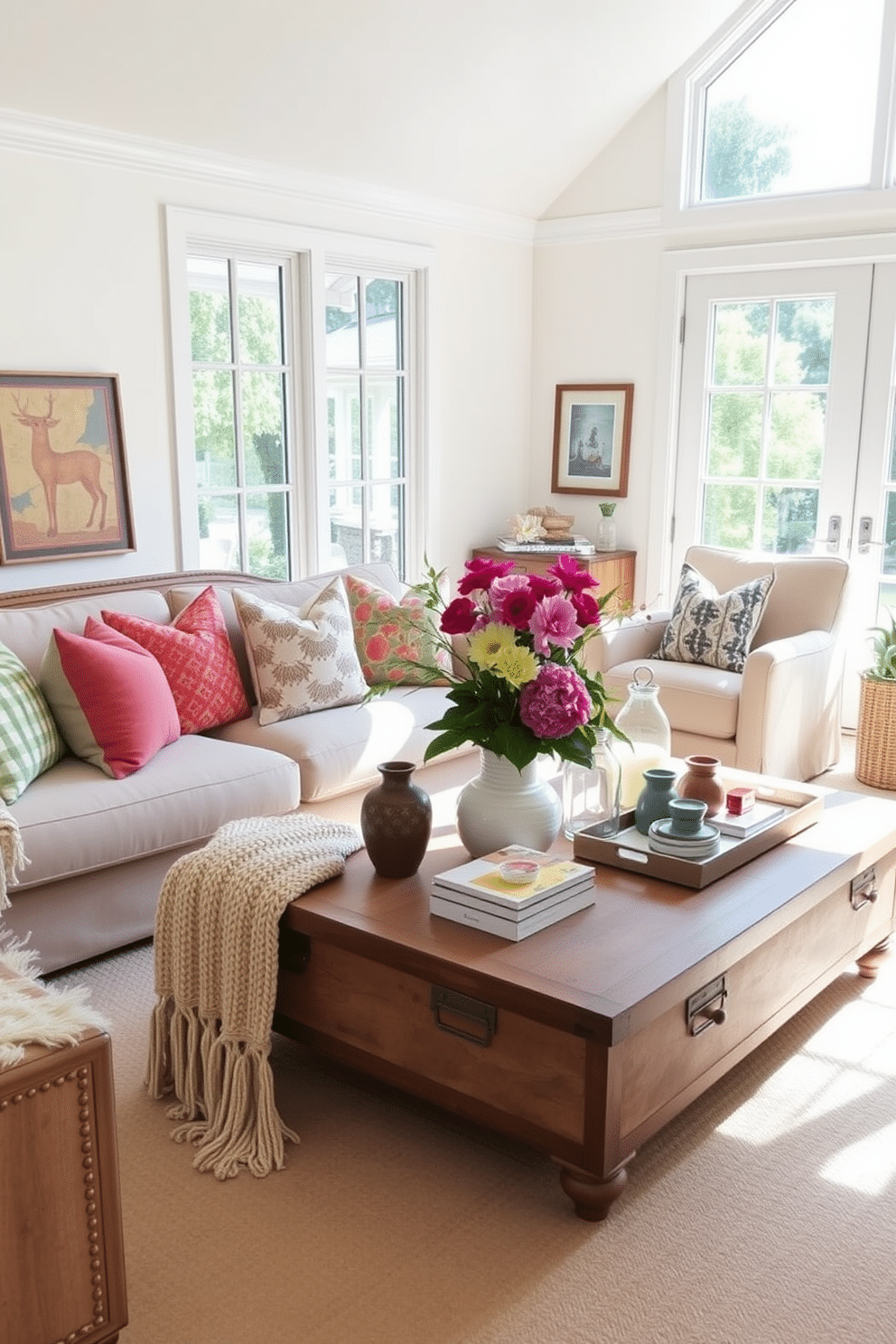 A bright and airy living room filled with natural light. The space features a comfortable sofa adorned with an array of colorful throw pillows in various patterns and textures. A cozy knitted blanket is draped over the arm of the sofa, inviting relaxation. A large coffee table in the center is topped with a vibrant floral arrangement and stylish decor items.